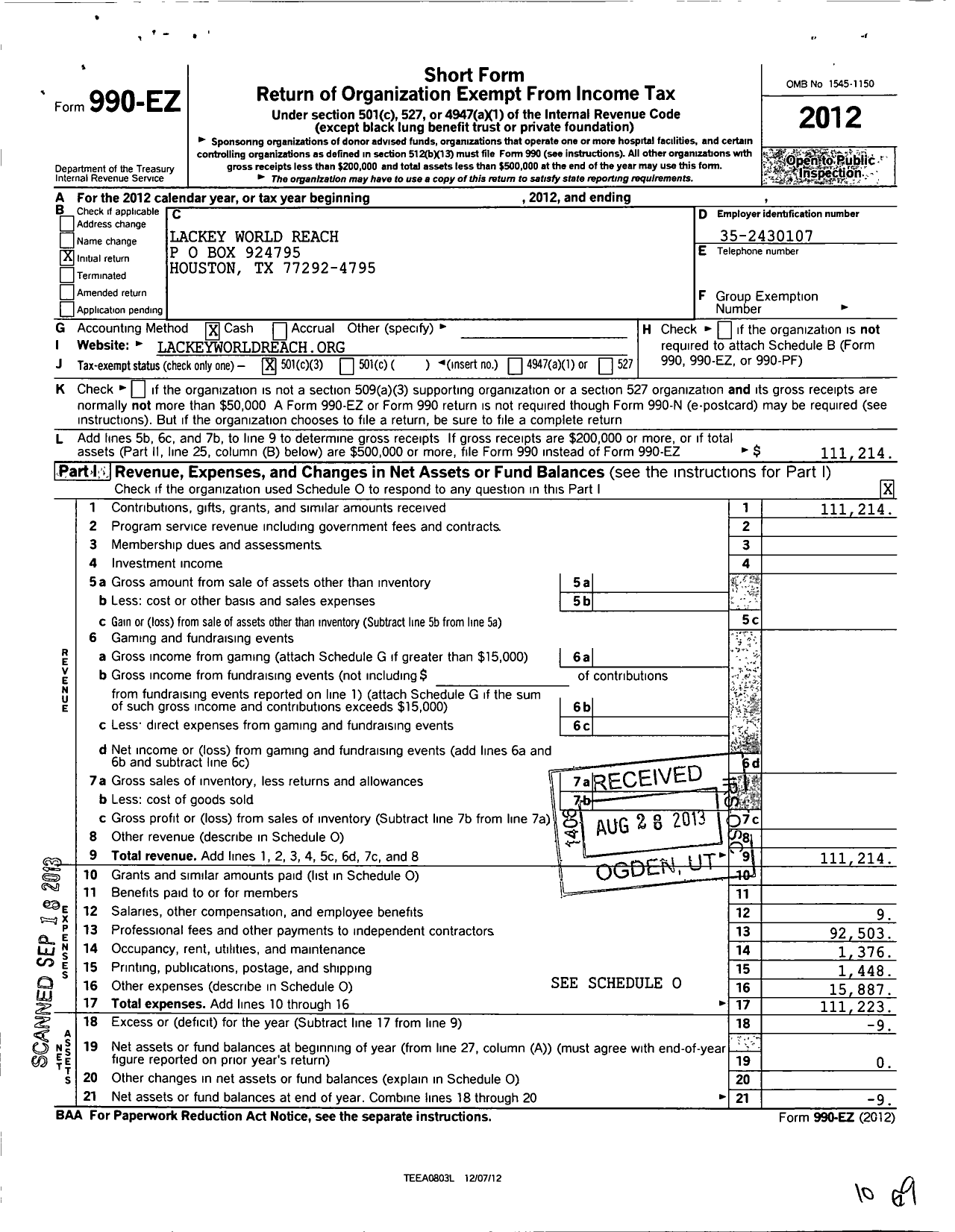 Image of first page of 2012 Form 990EZ for Lackey World Reach