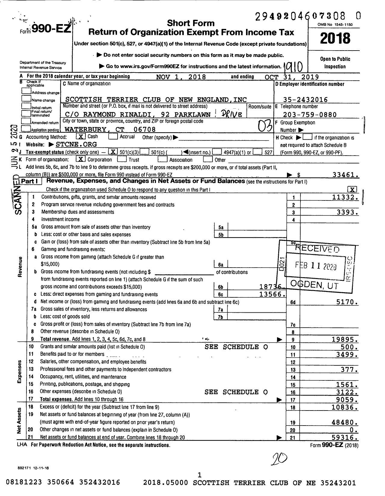 Image of first page of 2018 Form 990EZ for Scottish Terrier Club of New England