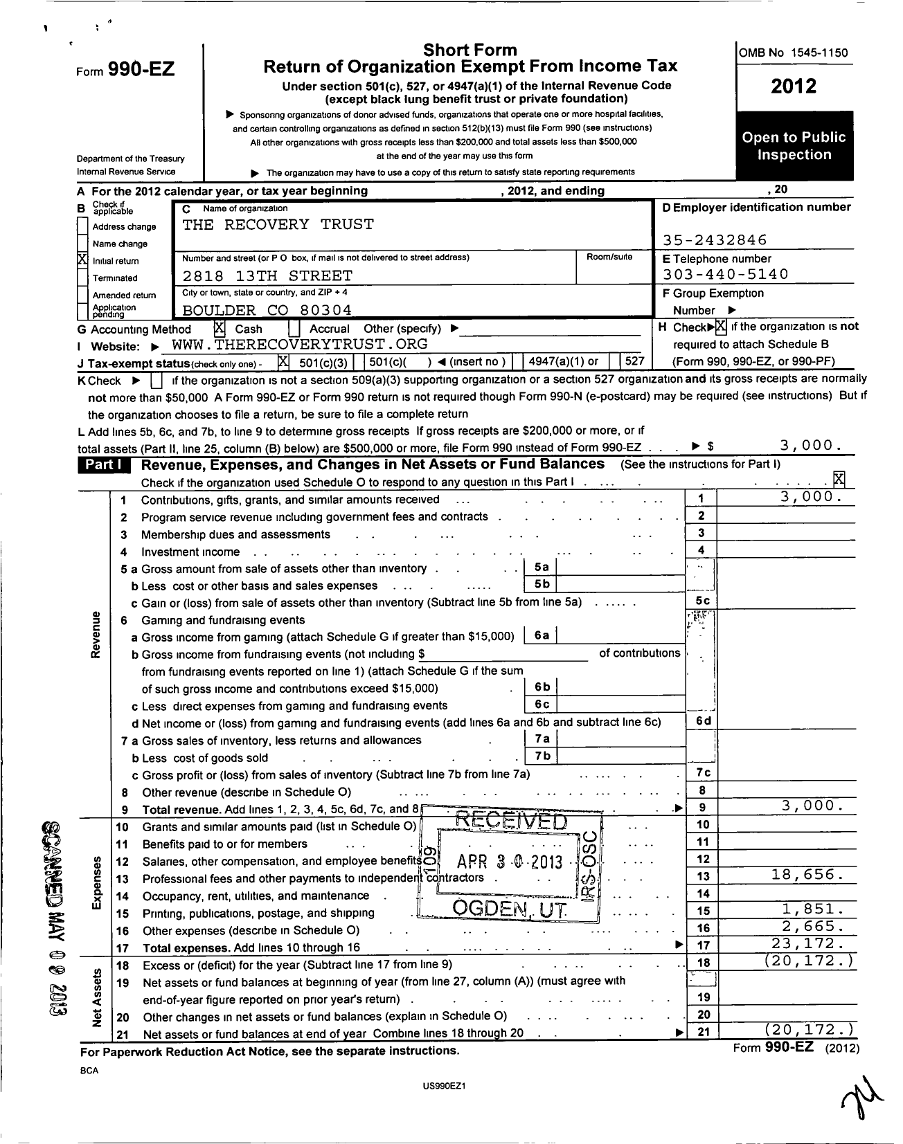 Image of first page of 2012 Form 990EZ for Recovery Trust