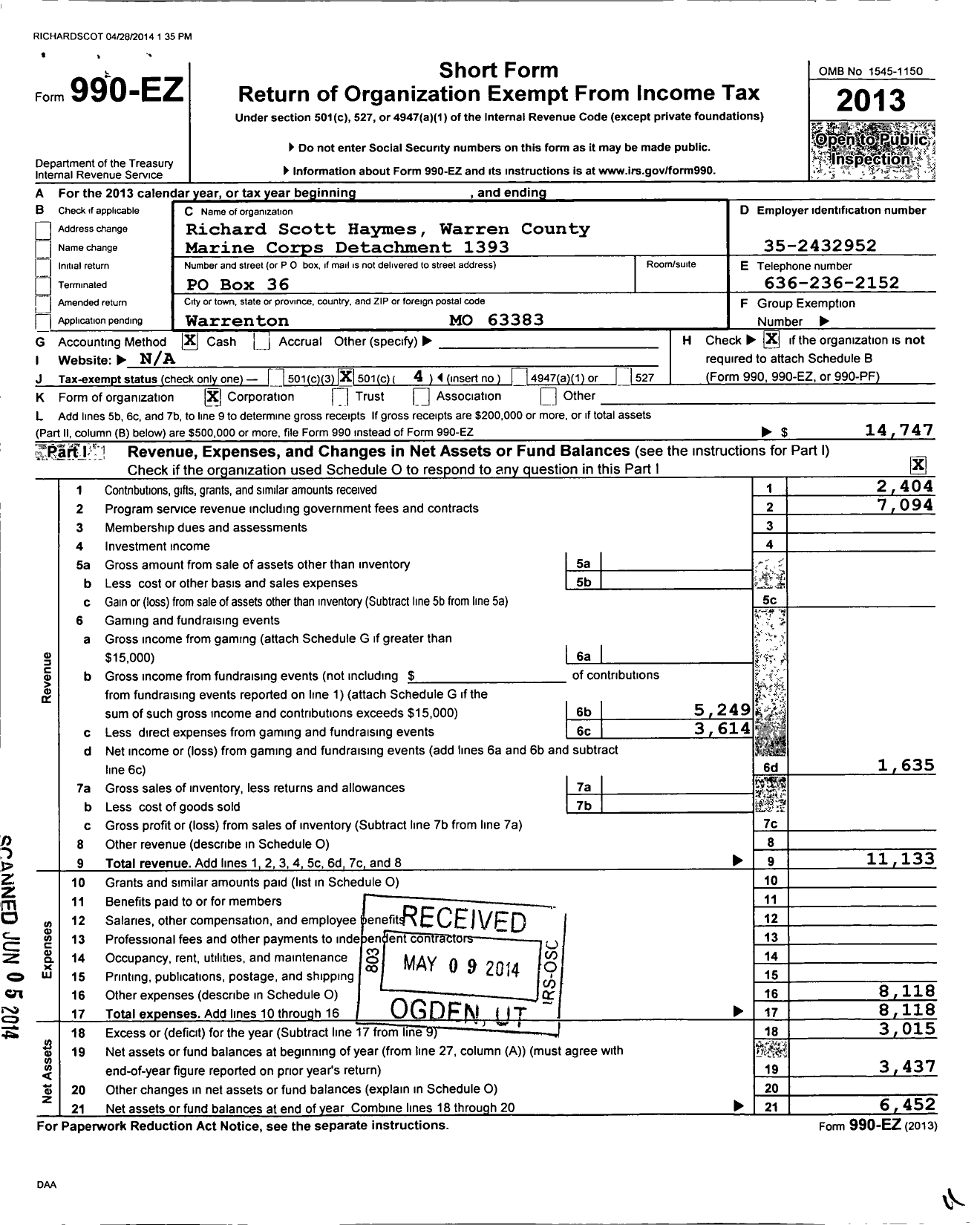 Image of first page of 2013 Form 990EO for Marine Corps League - 1393 Richard Scott Haymes Det MCL