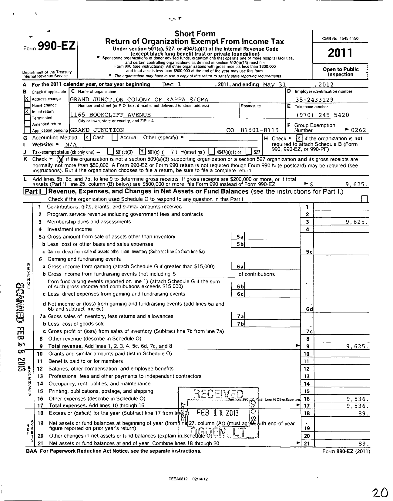 Image of first page of 2011 Form 990EO for Kappa Sigma Fraternity - Sigma-Mu Chapter