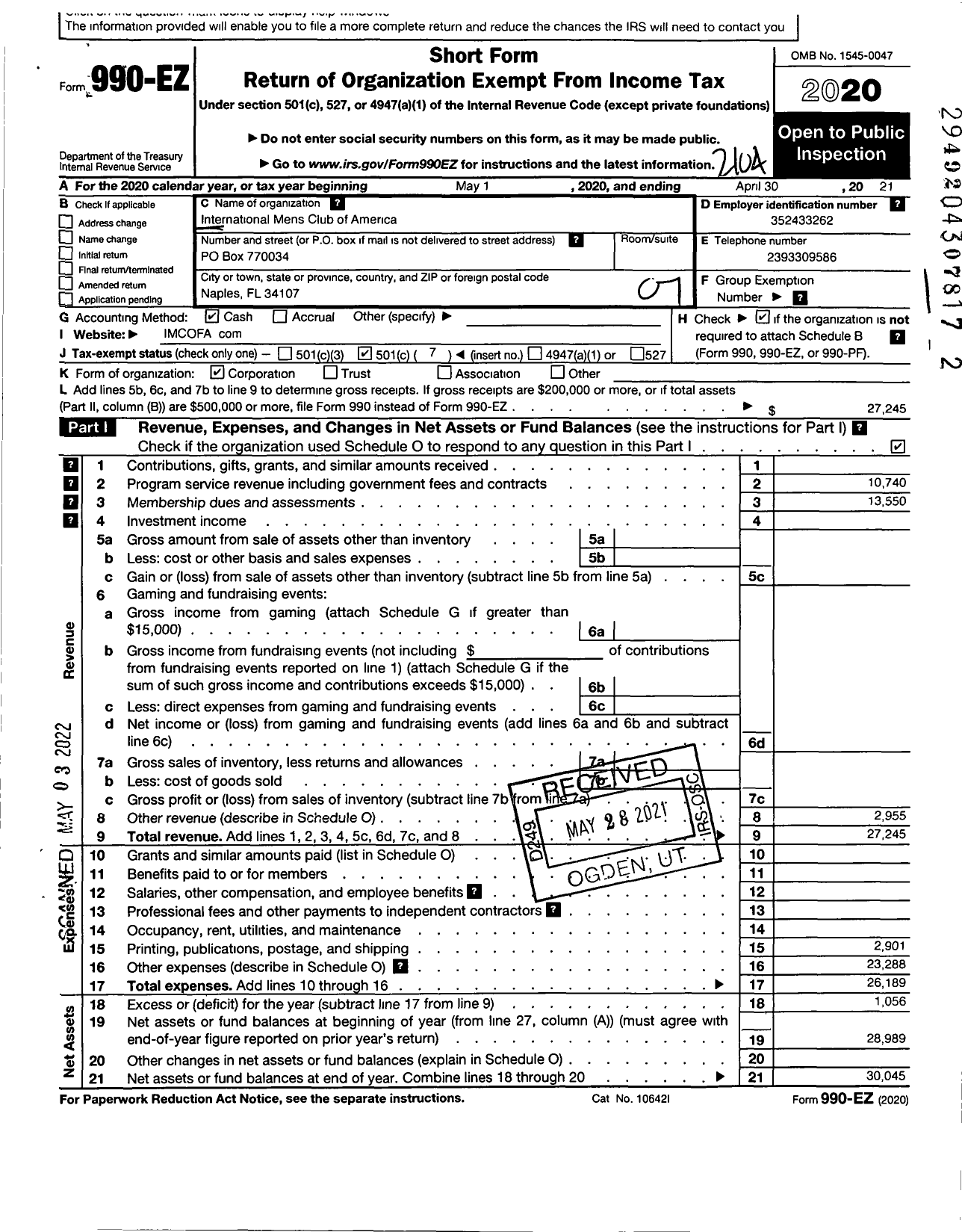 Image of first page of 2020 Form 990EO for International Mens Club of America