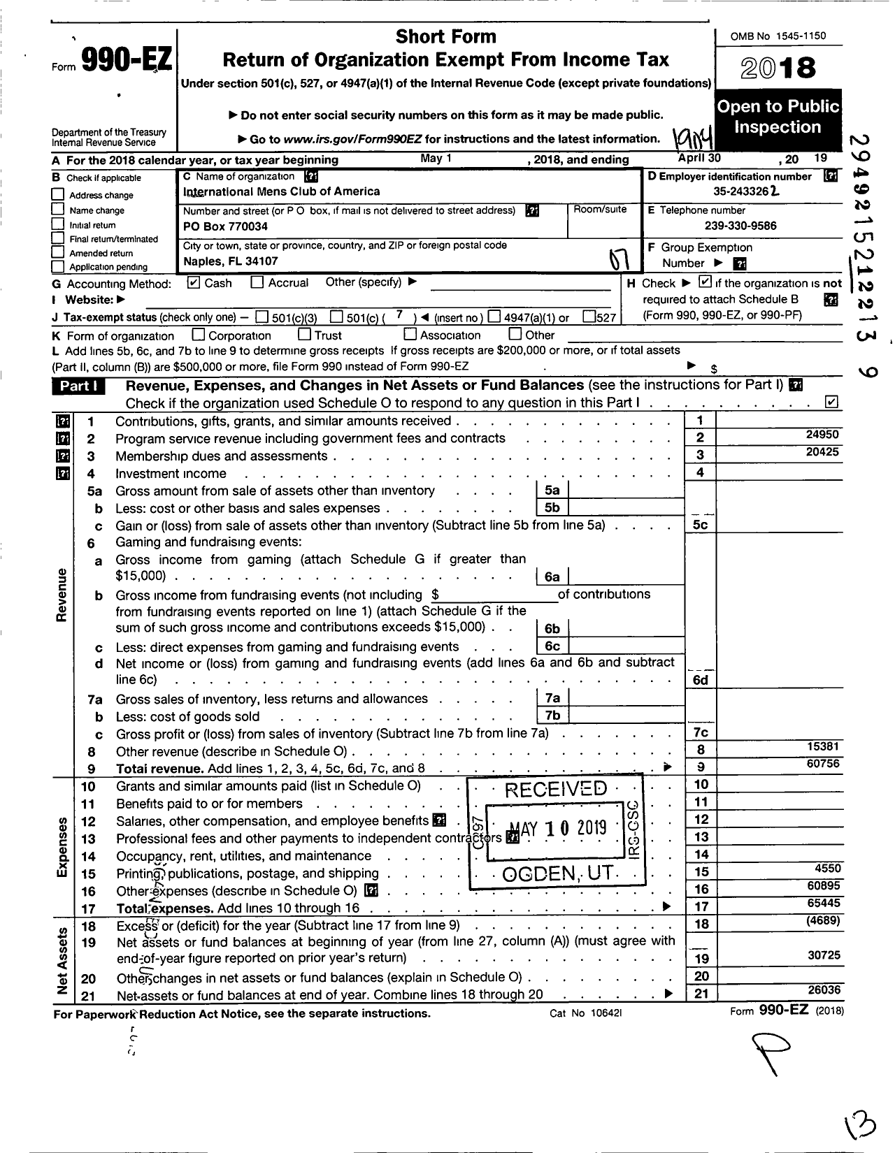 Image of first page of 2018 Form 990EO for International Mens Club of America