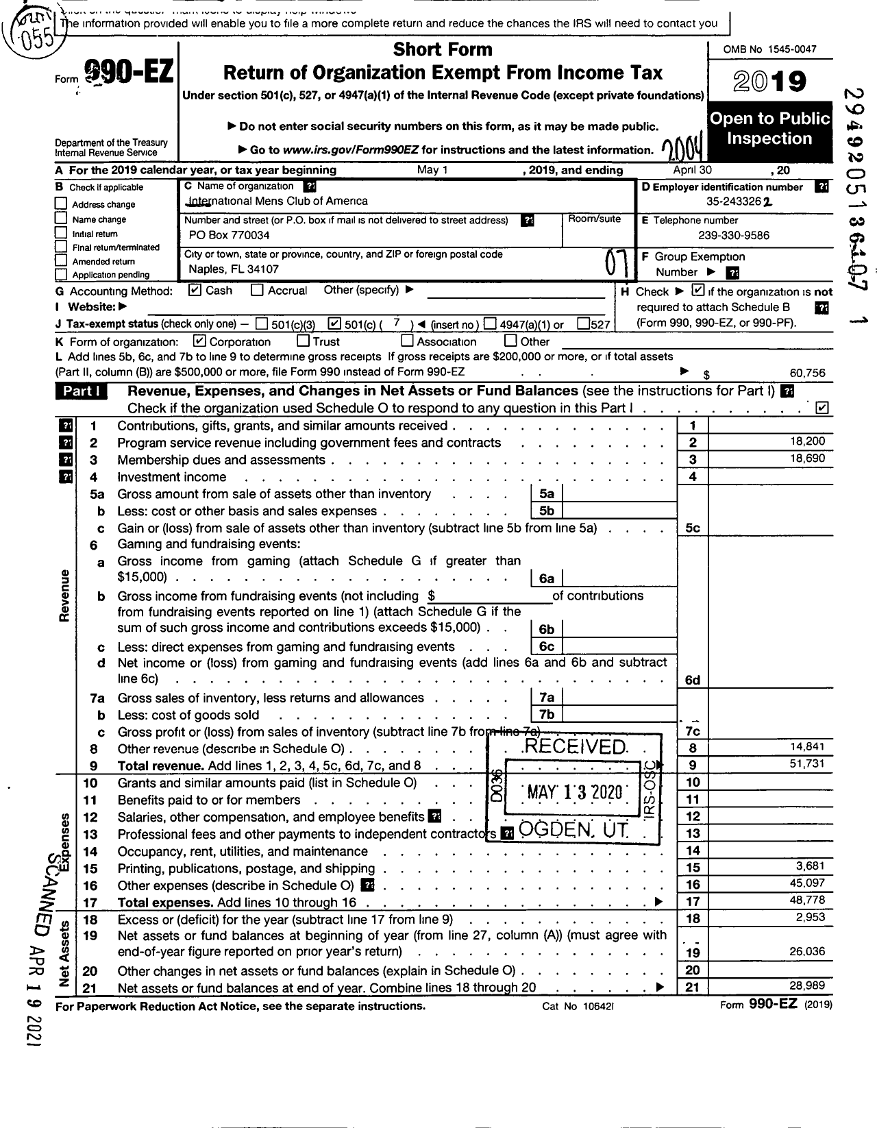 Image of first page of 2019 Form 990EO for International Mens Club of America