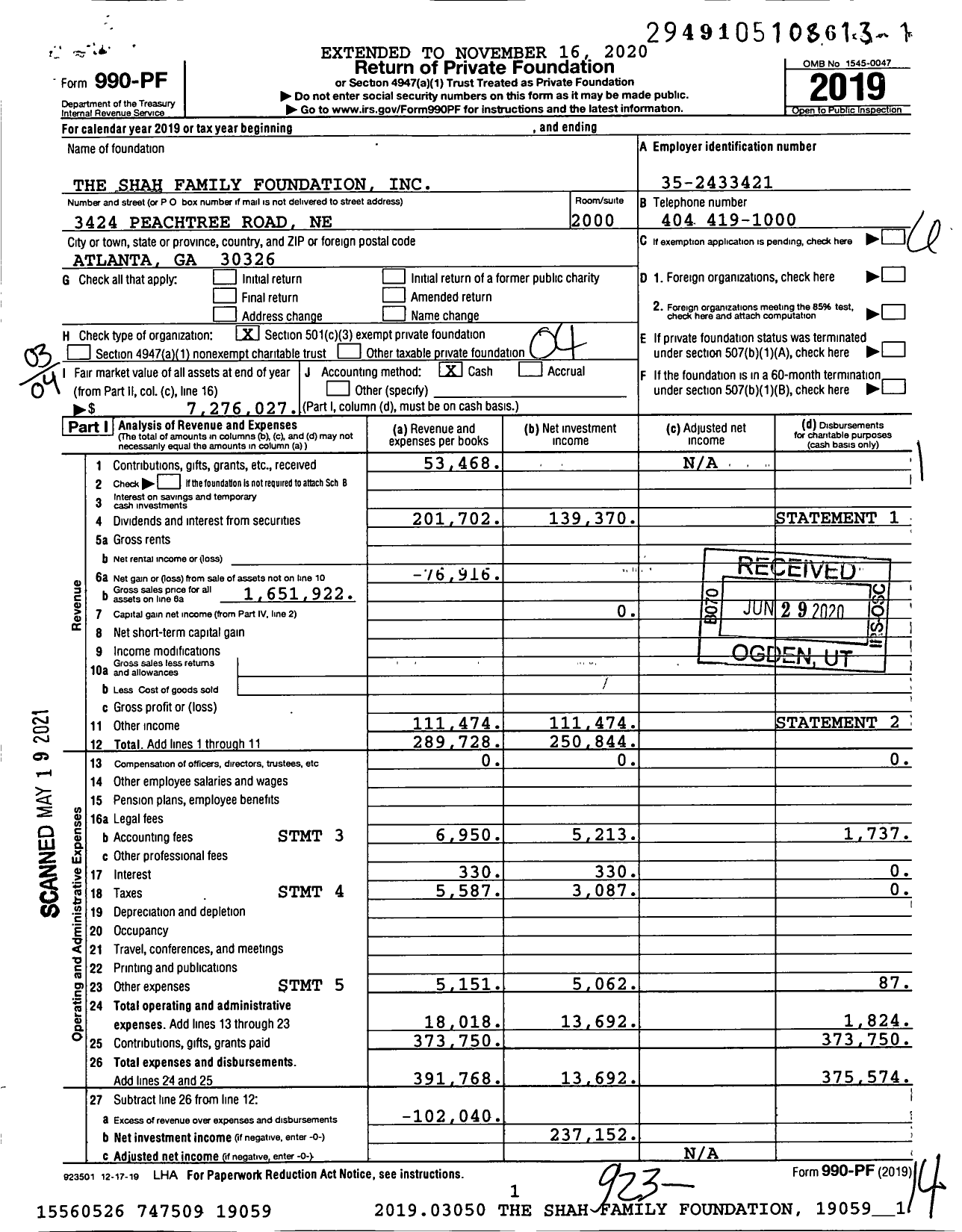 Image of first page of 2019 Form 990PF for The Shah Family Foundation