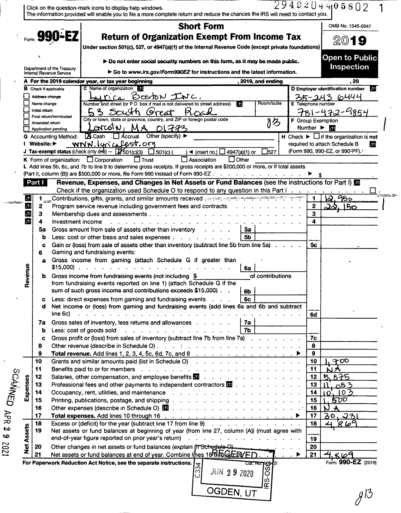 Image of first page of 2019 Form 990EZ for Lyrica Boston