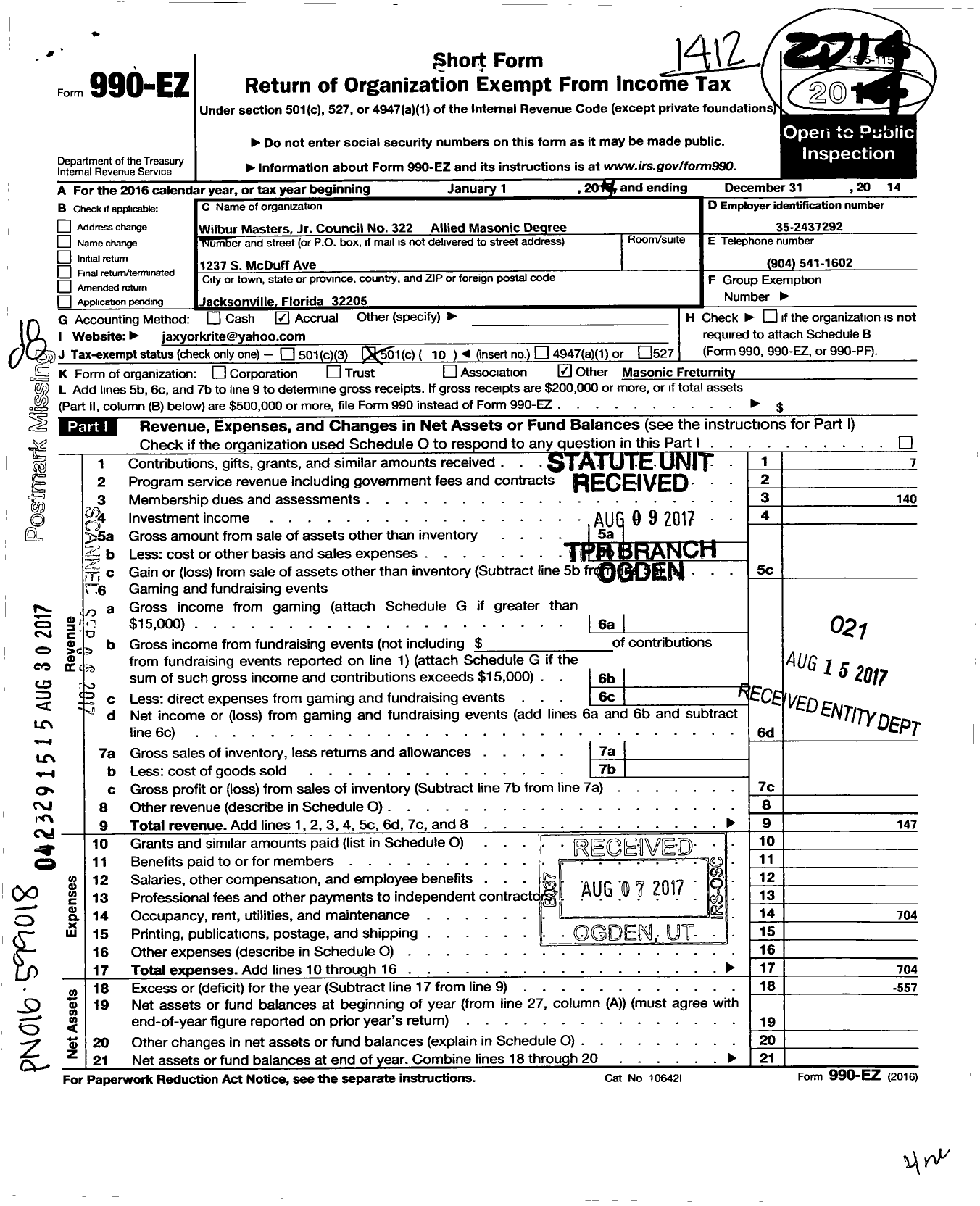 Image of first page of 2014 Form 990EO for Wilbur W Masters JR Council 322 Allied Masonic Degrees