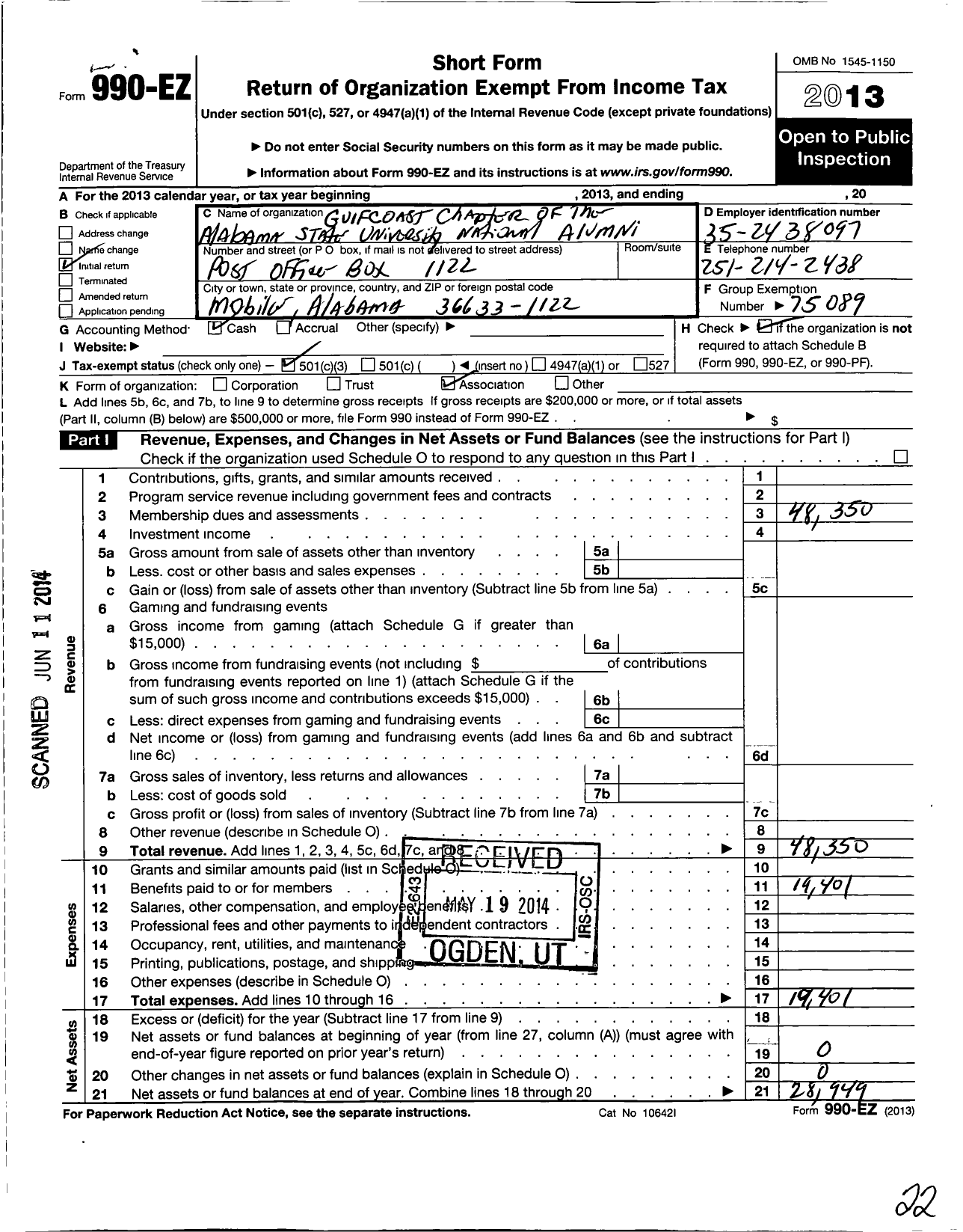 Image of first page of 2013 Form 990EZ for Gulf Coast Chapter of the Alabama State University National Alumni