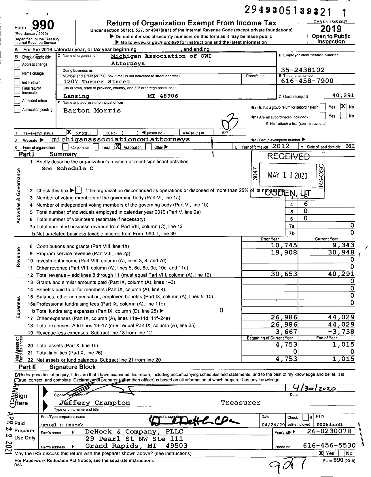 Image of first page of 2019 Form 990 for Michigan Association of Owi Attorneys