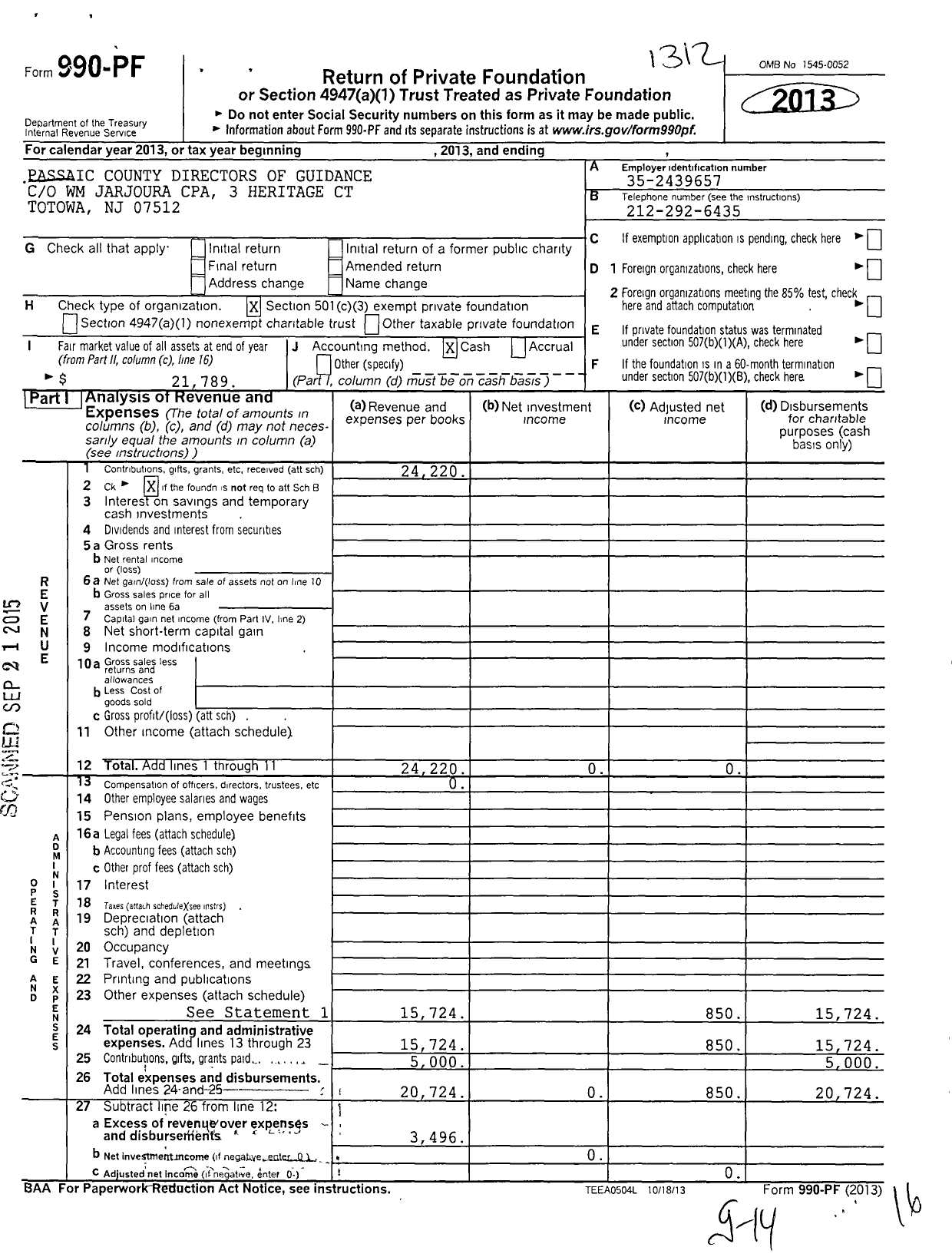 Image of first page of 2013 Form 990PF for Passaic County Directors of Guidance