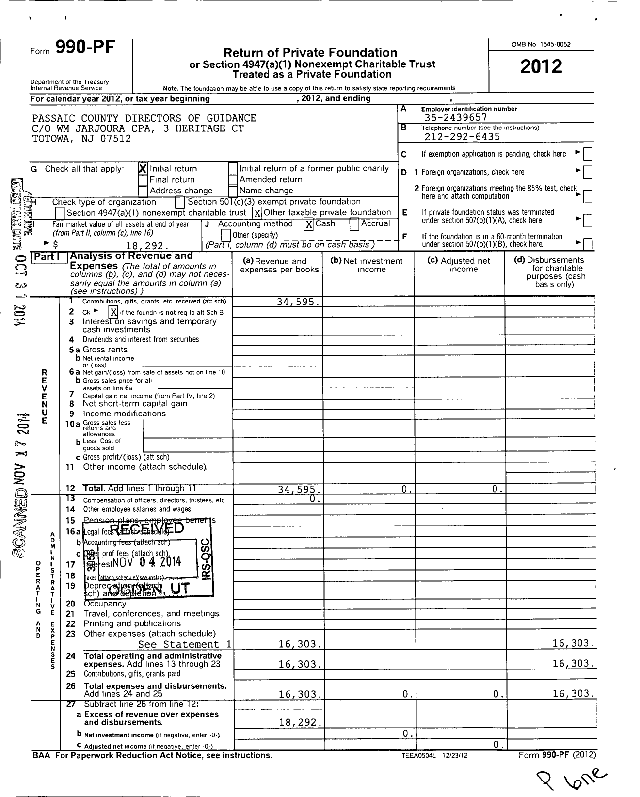 Image of first page of 2012 Form 990PF for Passaic County Directors of Guidance