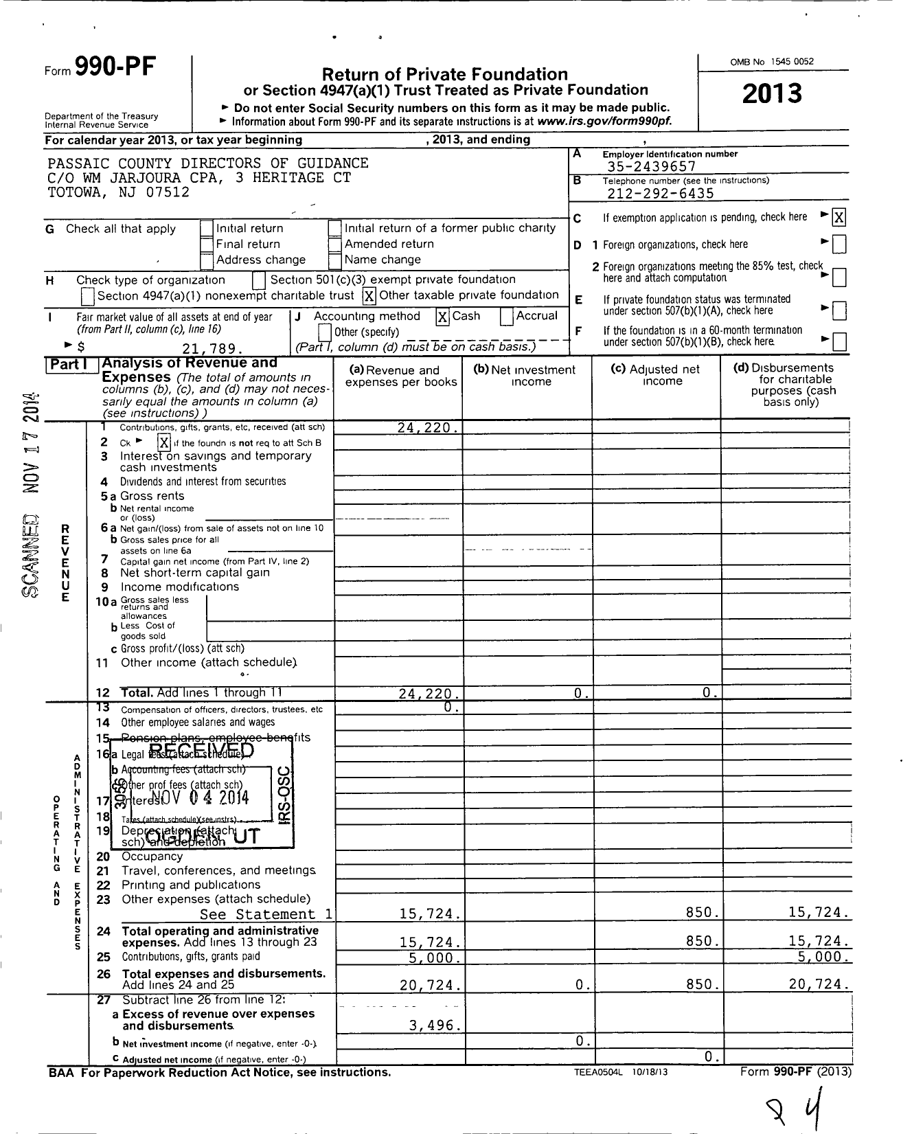 Image of first page of 2013 Form 990PF for Passaic County Directors of Guidance