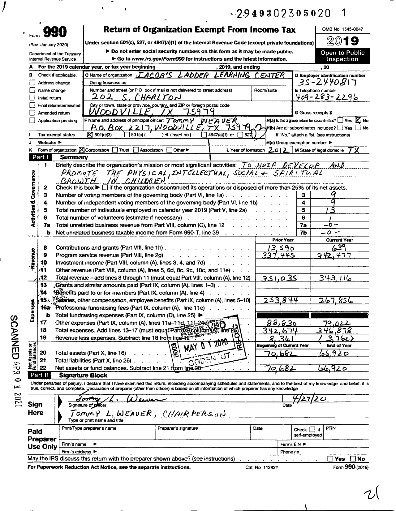 Image of first page of 2019 Form 990 for Jacobs Ladder Learning Center