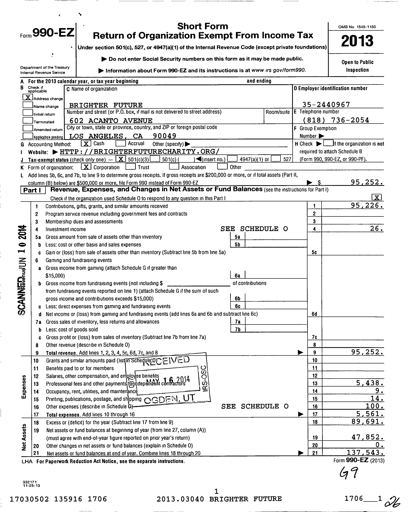 Image of first page of 2013 Form 990EZ for Brighter Future