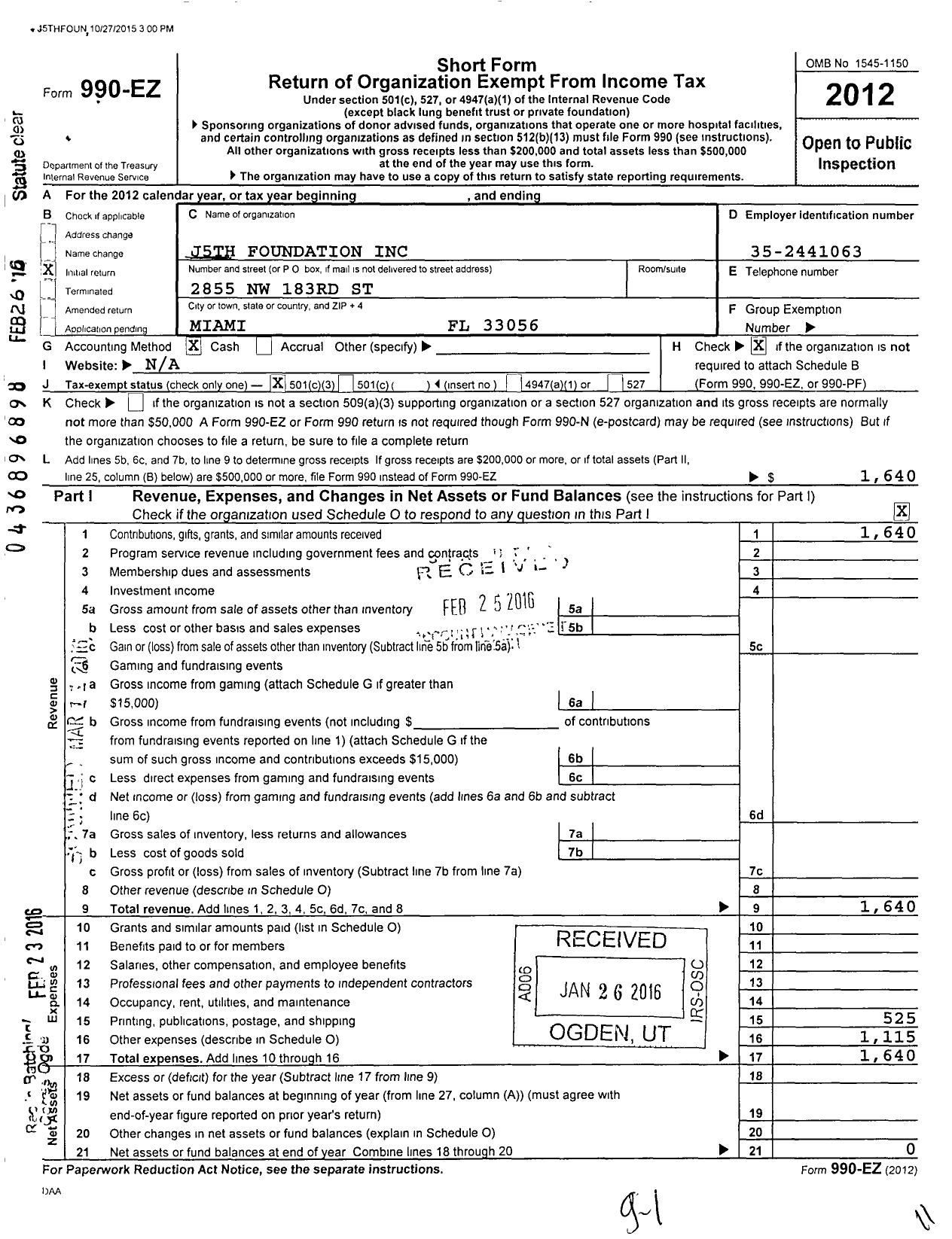 Image of first page of 2012 Form 990EZ for J5TH Foundation