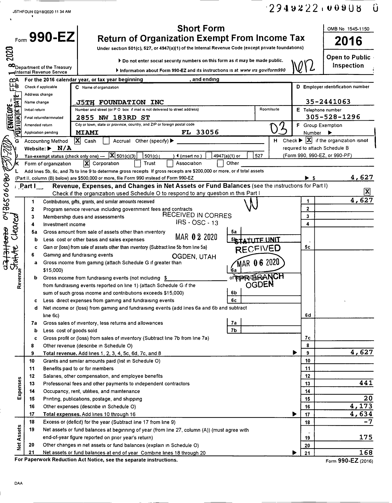 Image of first page of 2016 Form 990EZ for J5TH Foundation