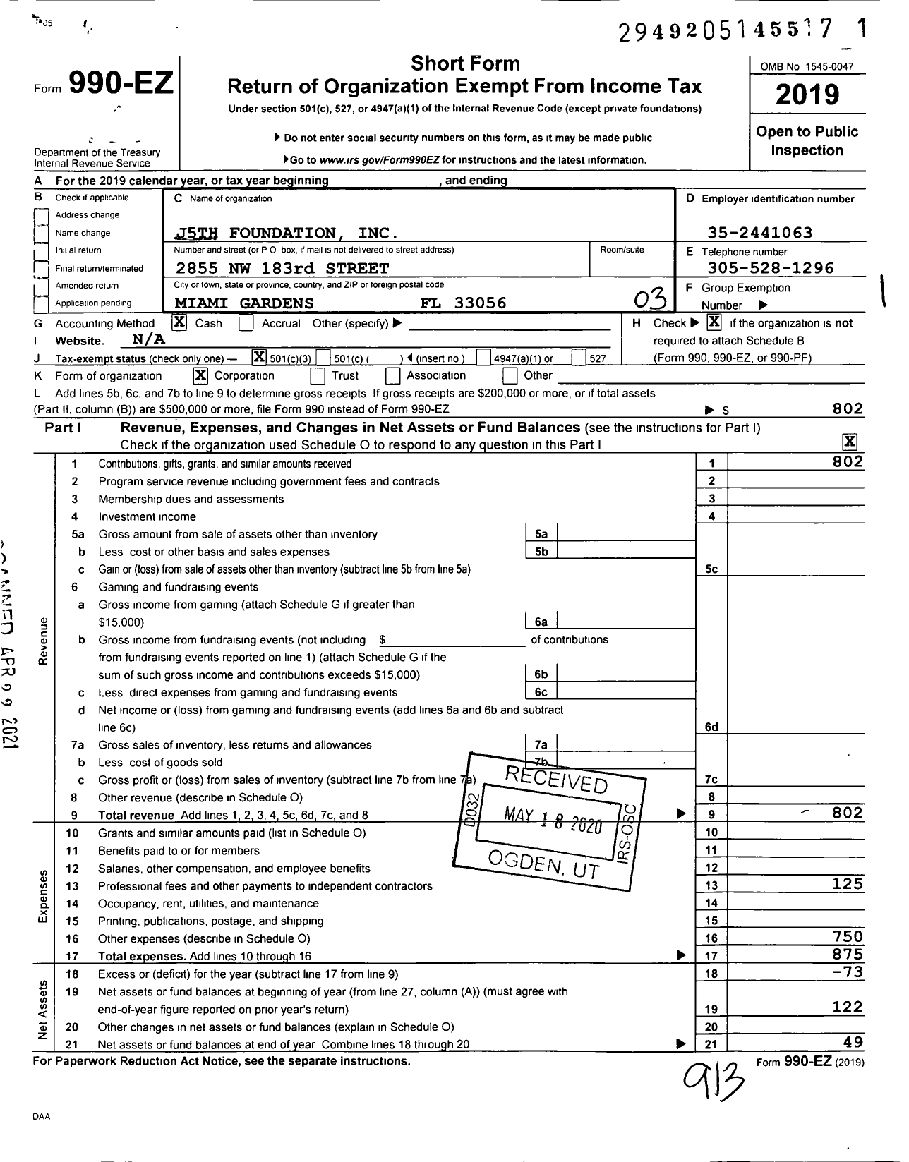 Image of first page of 2019 Form 990EZ for J5TH Foundation