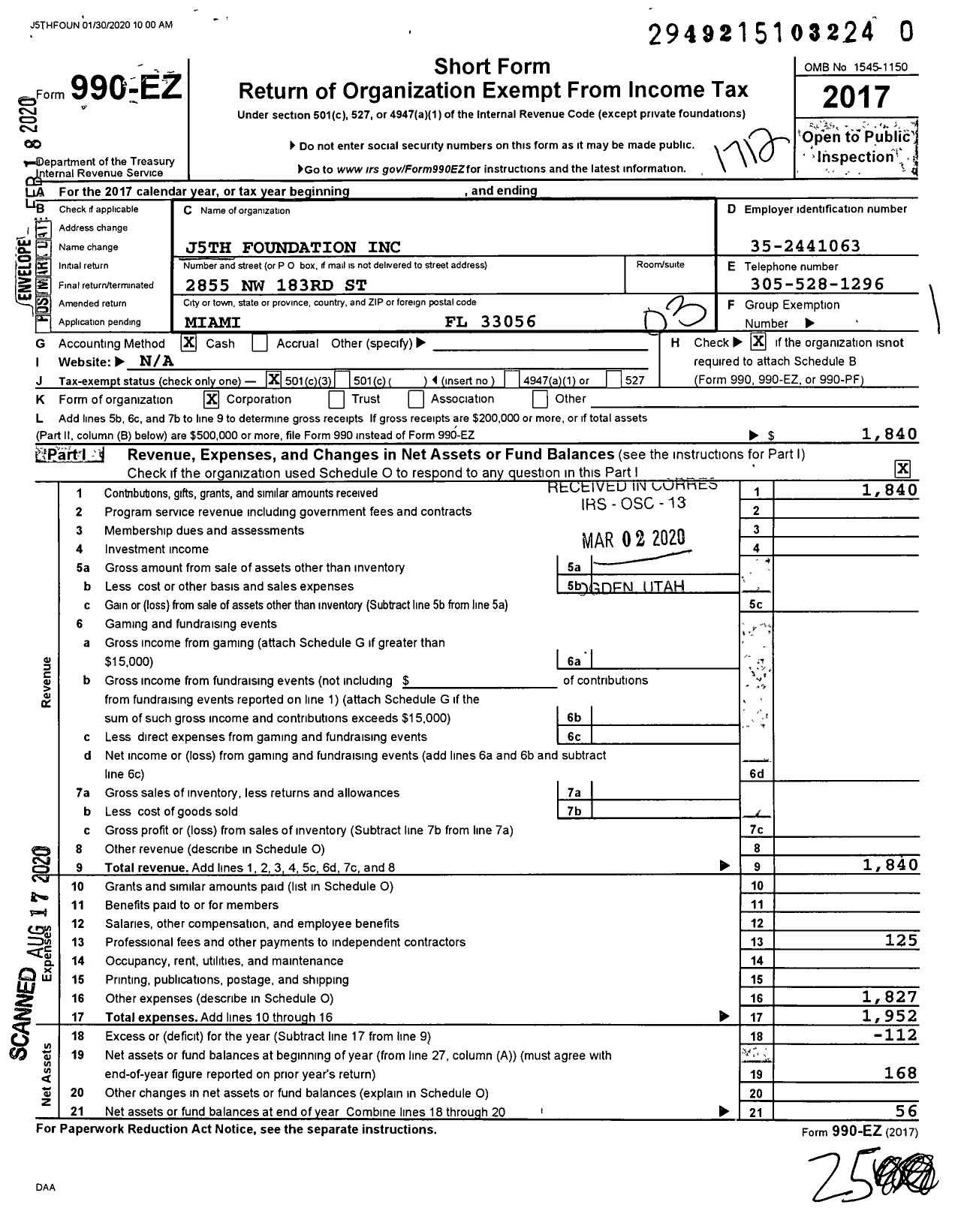 Image of first page of 2017 Form 990EZ for J5TH Foundation