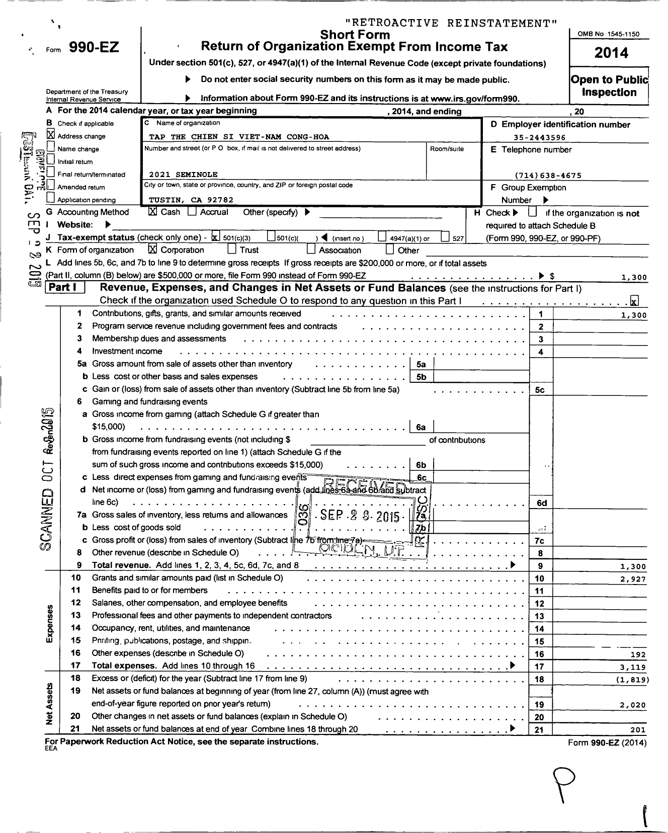 Image of first page of 2014 Form 990EZ for Tap the Chien Si Viet-Nam Cong-Hoa