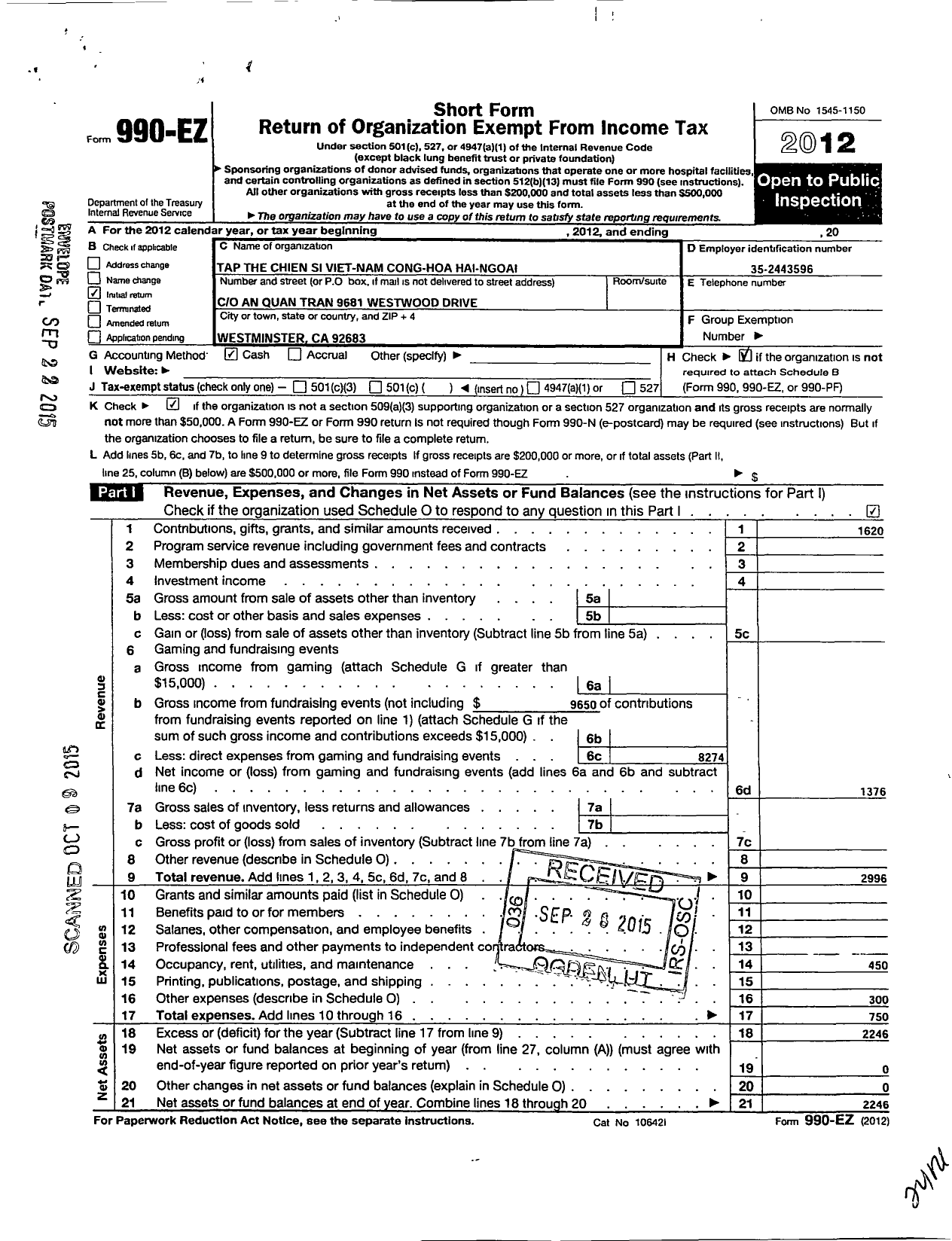 Image of first page of 2012 Form 990EO for Tap the Chien Si Viet-Nam Cong-Hoa