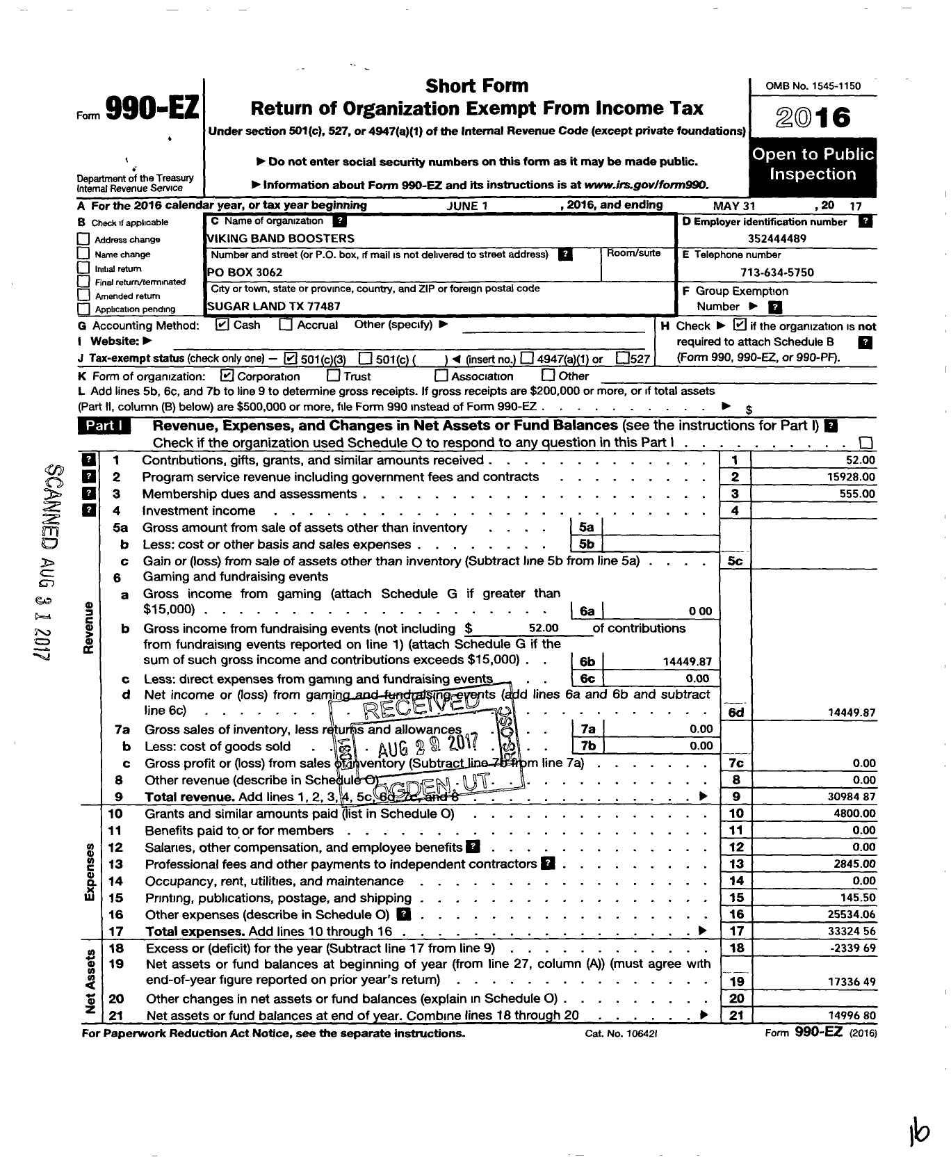 Image of first page of 2016 Form 990EZ for Viking Band Boosters