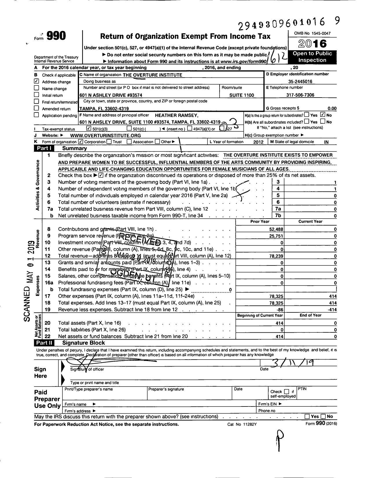 Image of first page of 2016 Form 990 for The Overture Institute