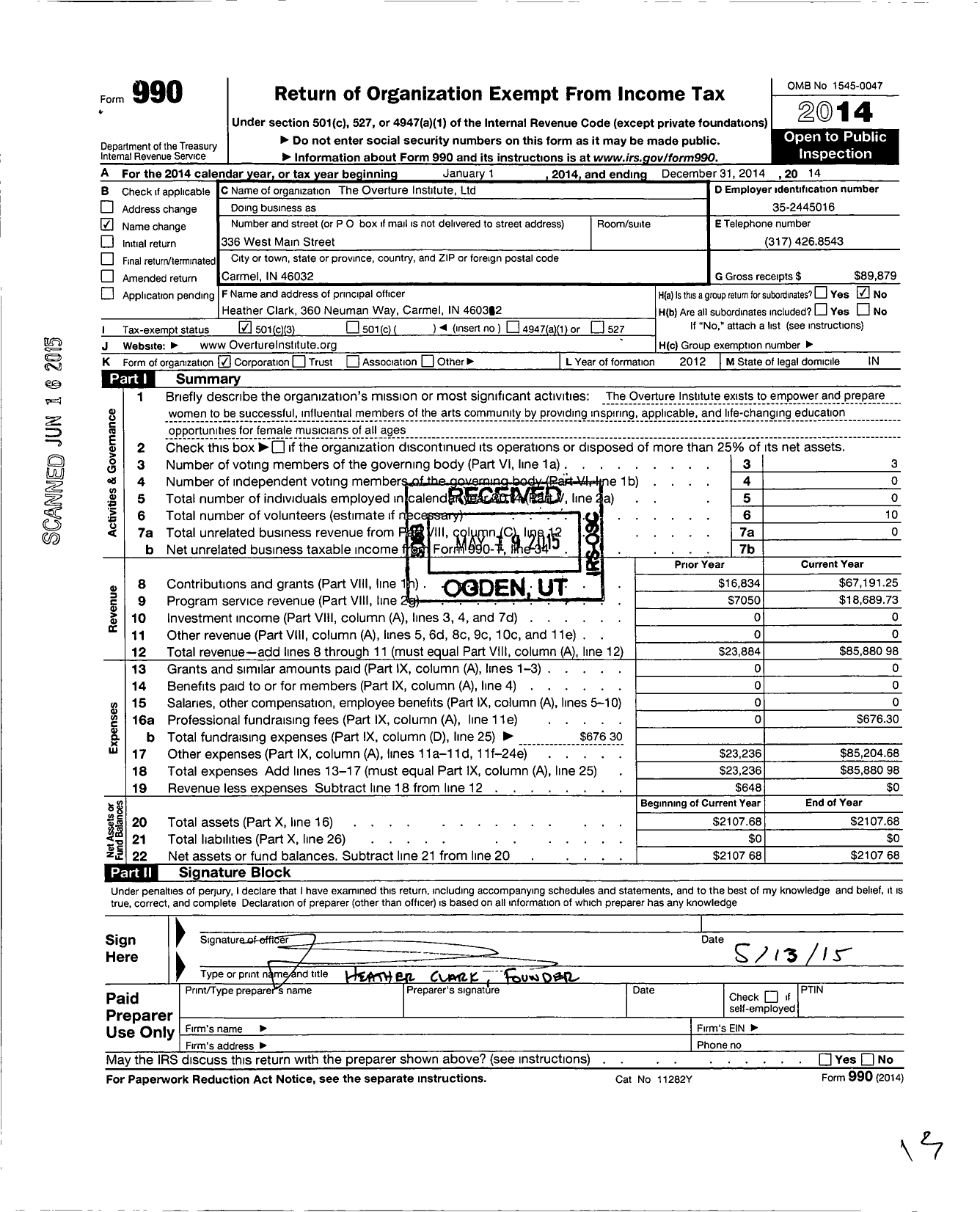 Image of first page of 2014 Form 990 for The Overture Institute