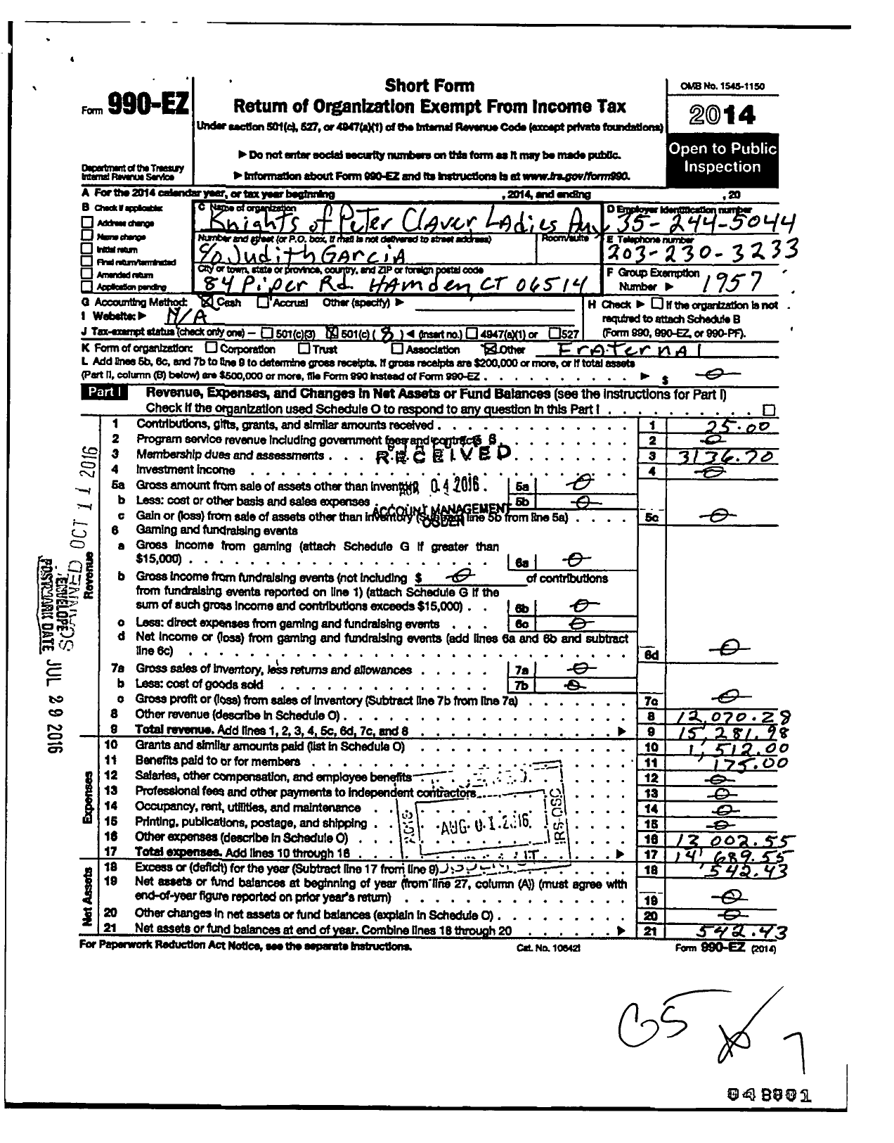 Image of first page of 2014 Form 990EO for Knights of Peter Claver Ladies Auxiliary / St Martin Deporres Court 266