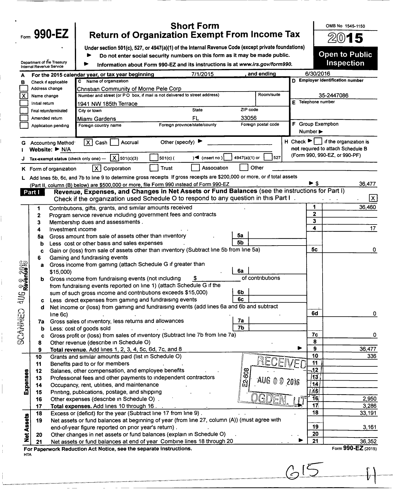 Image of first page of 2015 Form 990EZ for Christian Community of Morne Pele C