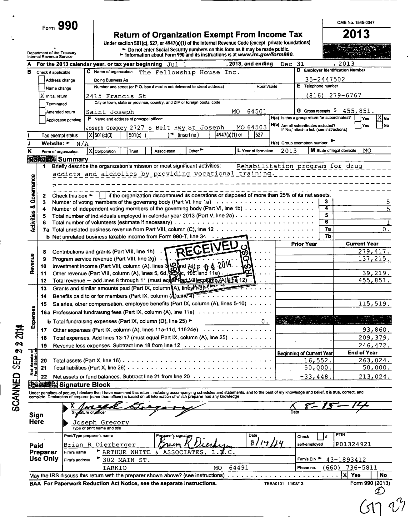 Image of first page of 2013 Form 990 for Fellowship House