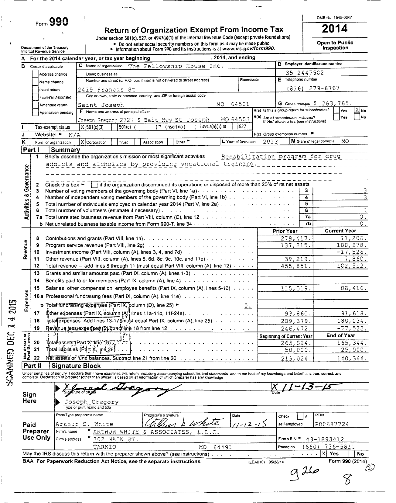 Image of first page of 2014 Form 990 for Fellowship House