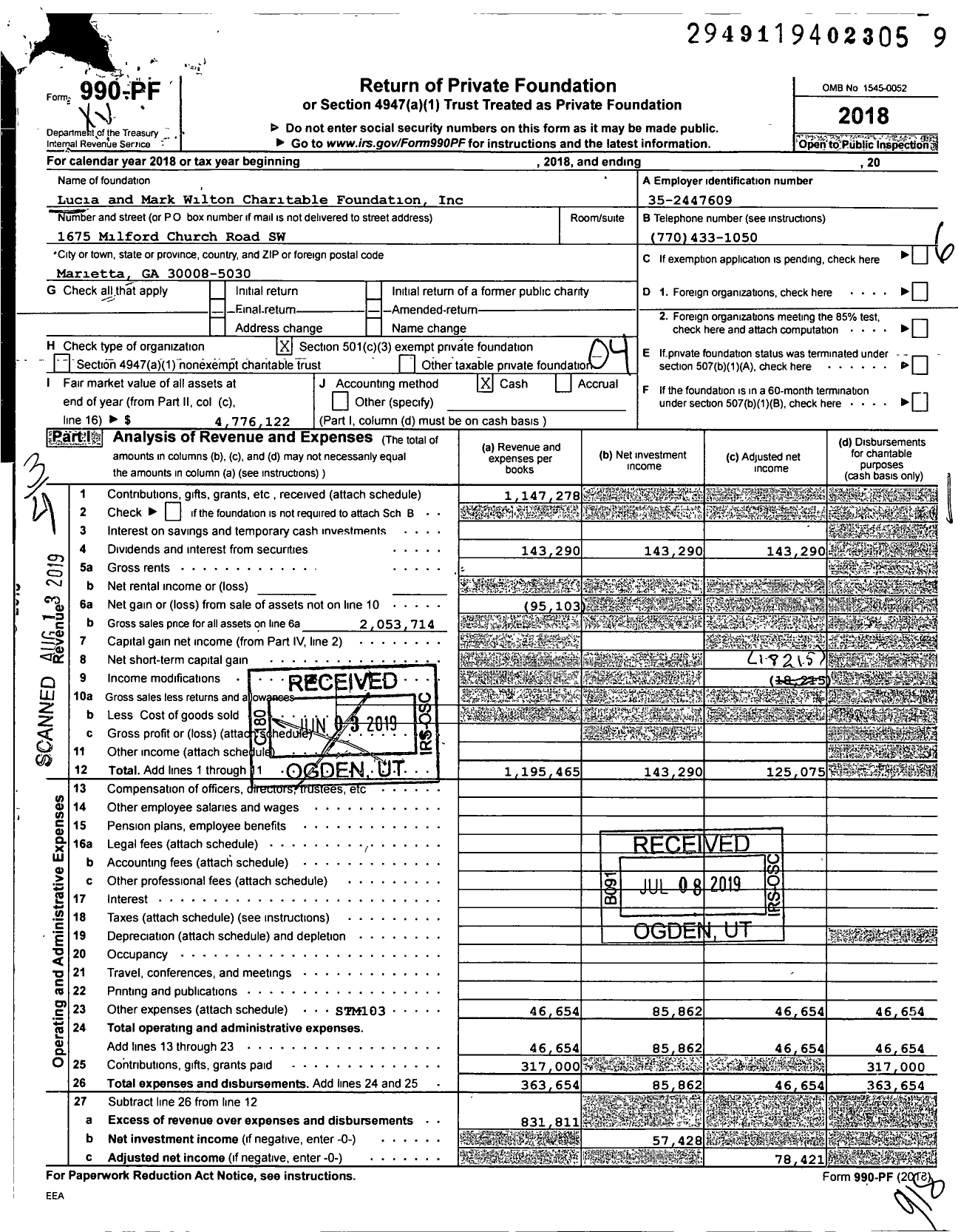 Image of first page of 2018 Form 990PF for Lucia and Mark Wilton Charitable Foundation