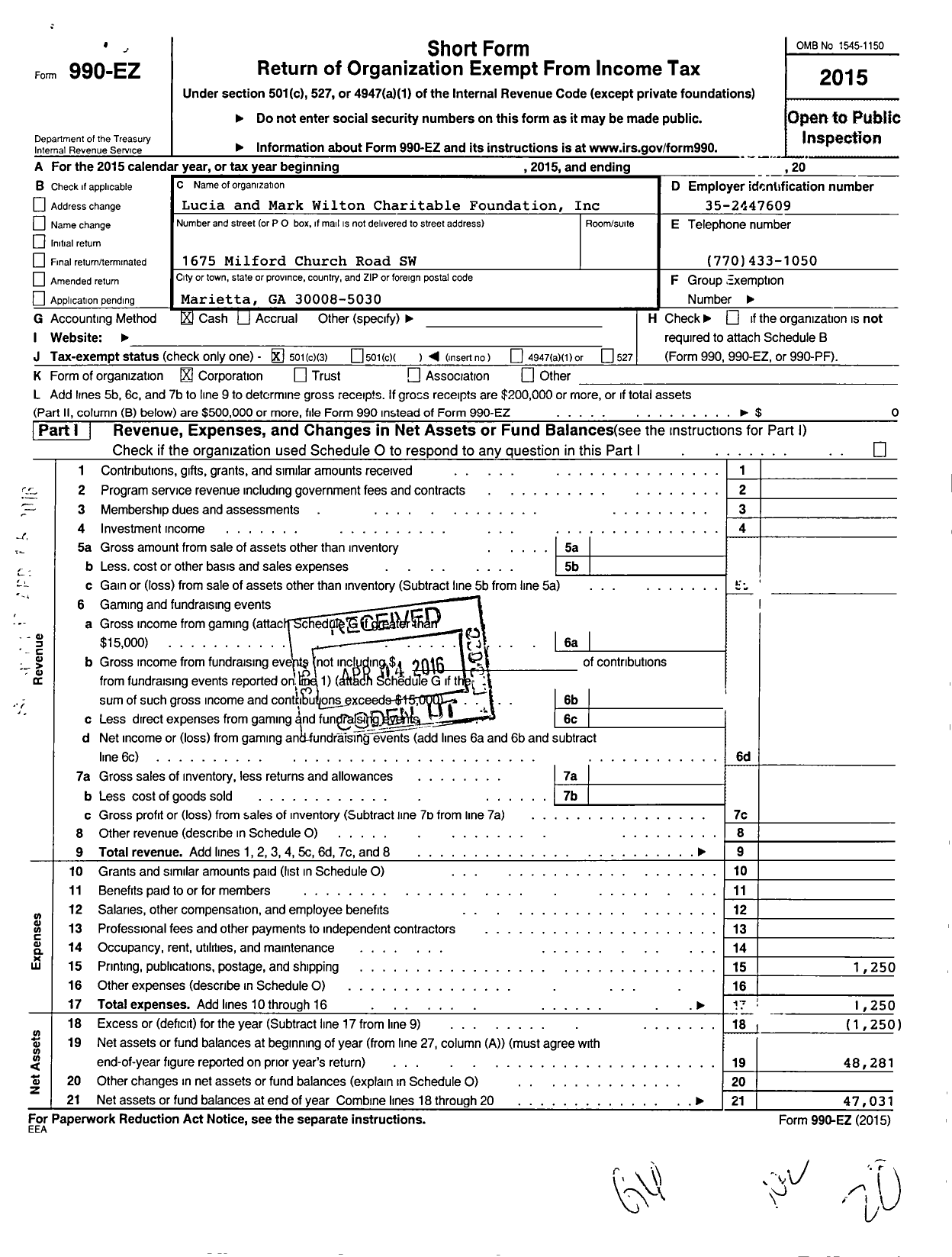 Image of first page of 2015 Form 990EZ for Lucia and Mark Wilton Charitable Foundation