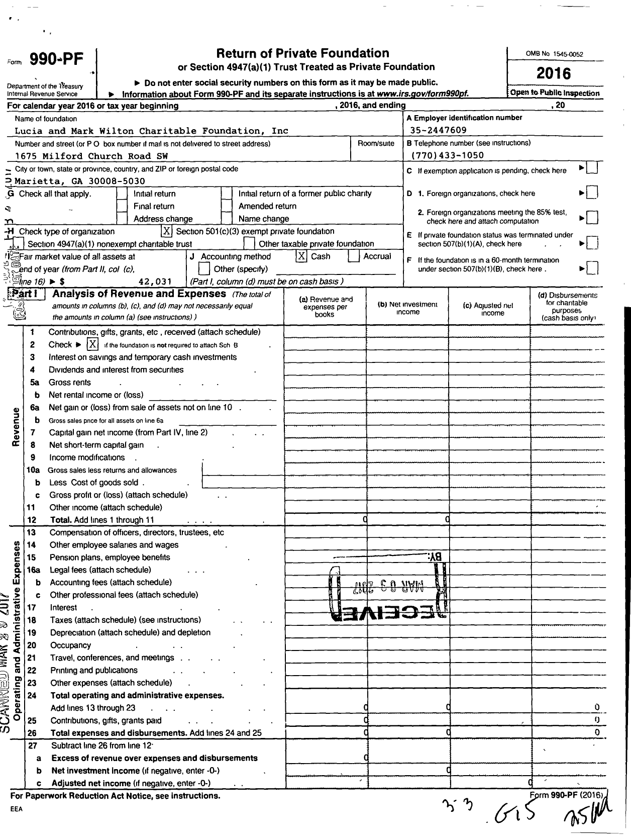 Image of first page of 2016 Form 990PF for Lucia and Mark Wilton Charitable Foundation