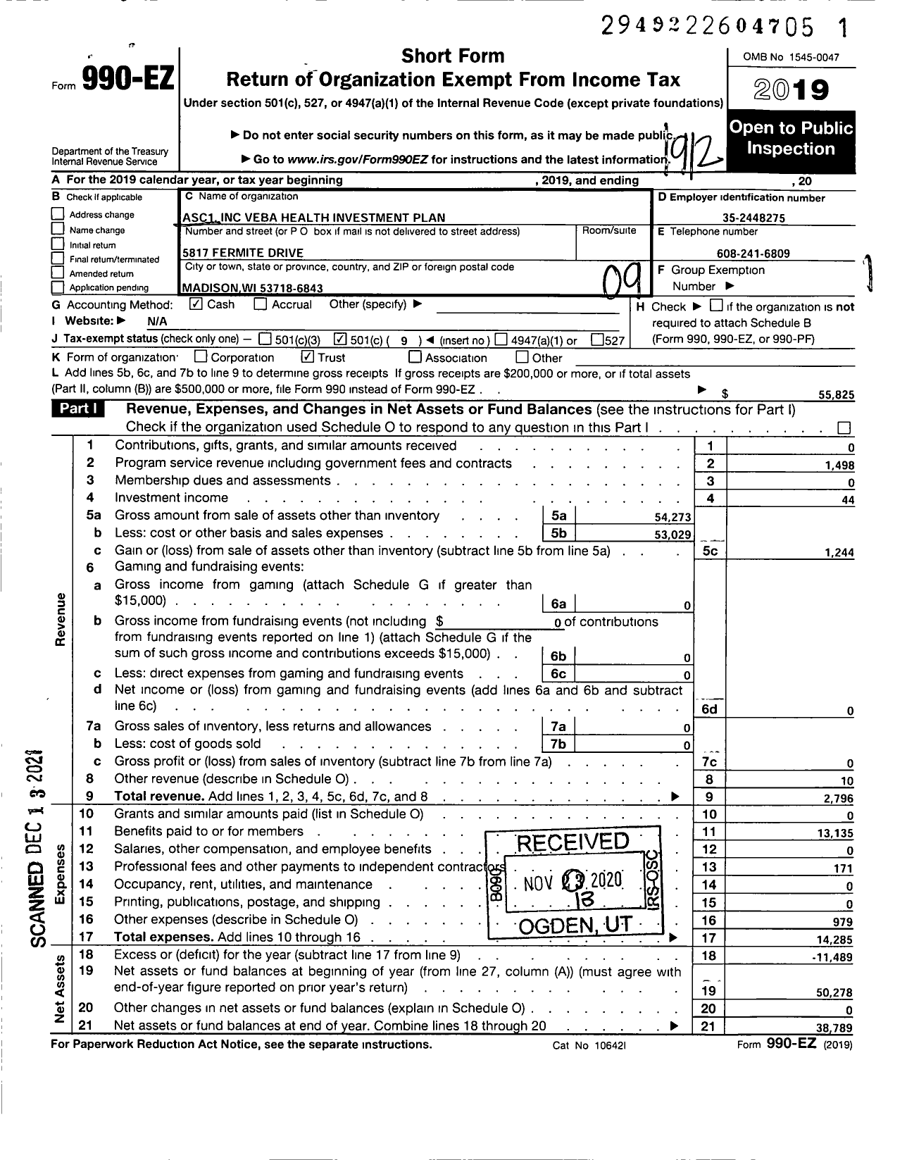 Image of first page of 2019 Form 990EO for Asc1 Veba Health Savings Trust