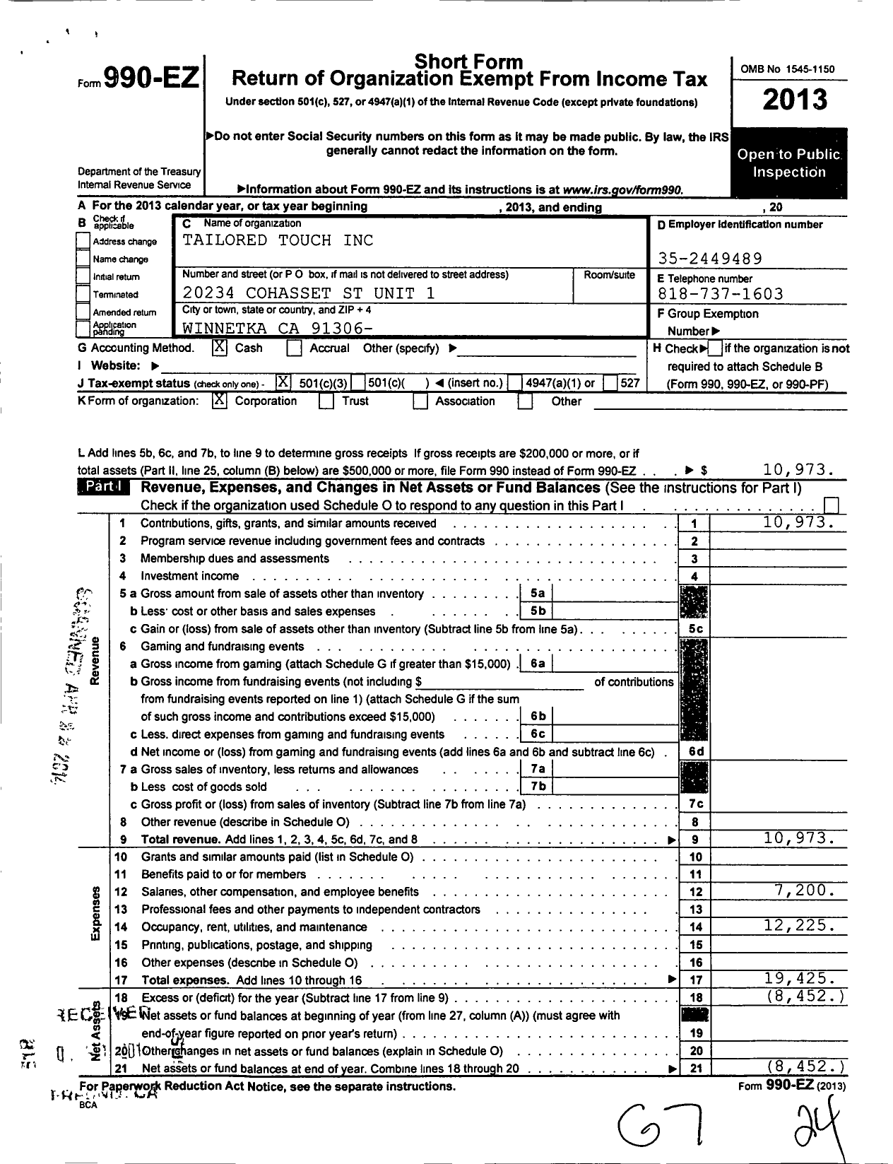 Image of first page of 2013 Form 990EZ for Tailored Touch