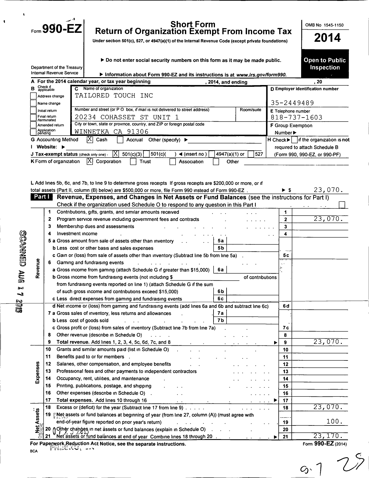 Image of first page of 2014 Form 990EZ for Tailored Touch