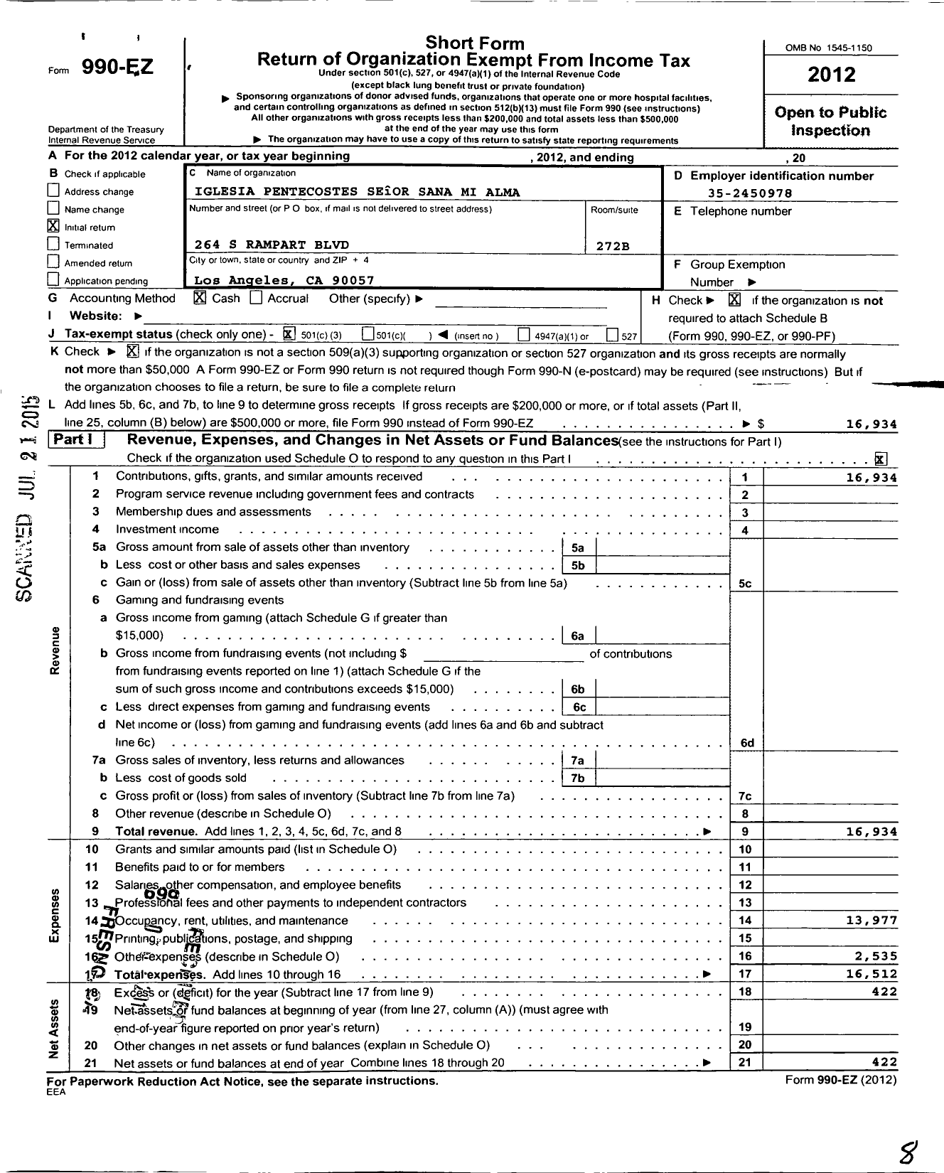 Image of first page of 2012 Form 990EZ for Iglesia Pentecostes Seor Sana Mi Alma