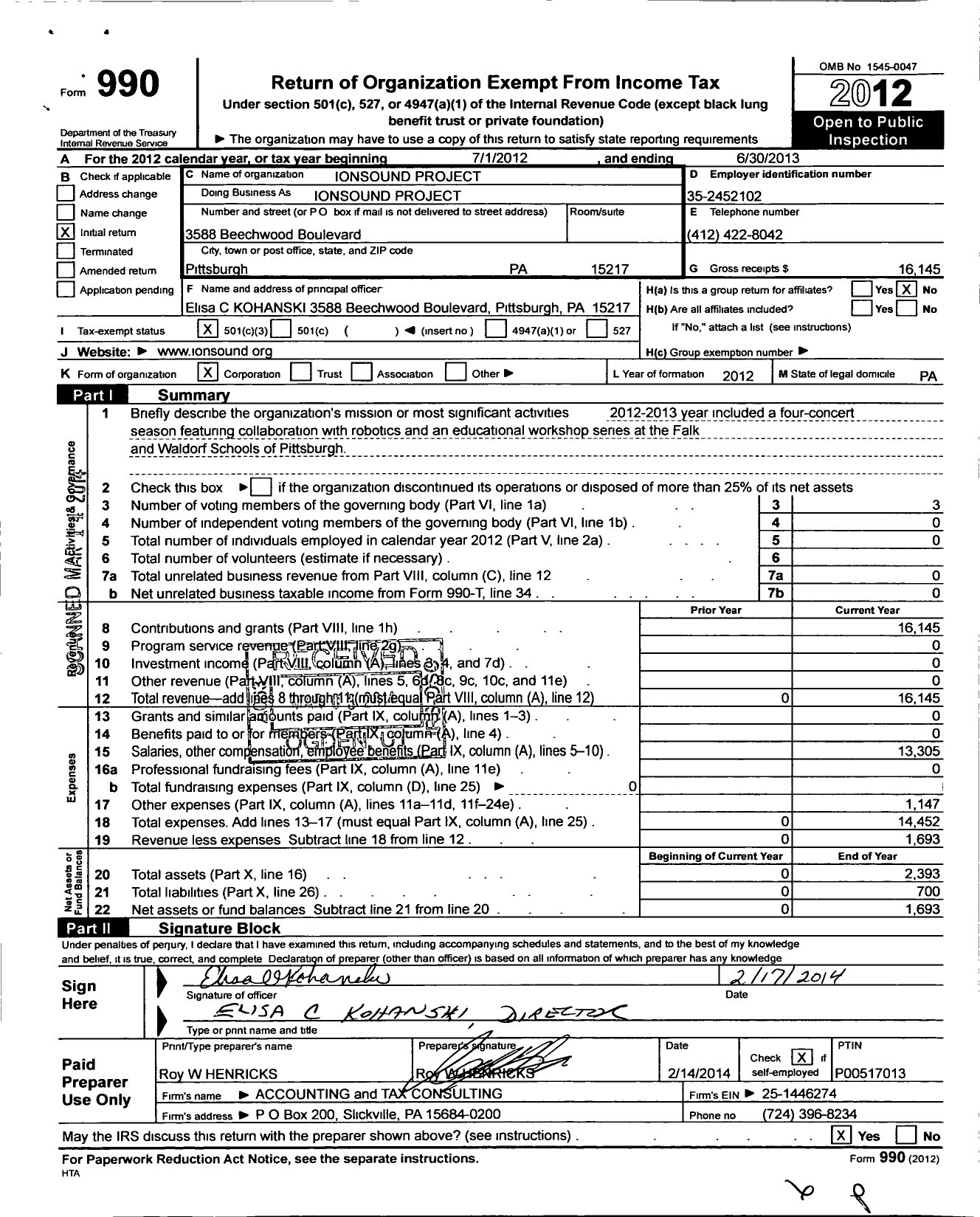 Image of first page of 2012 Form 990 for Ionsound Project