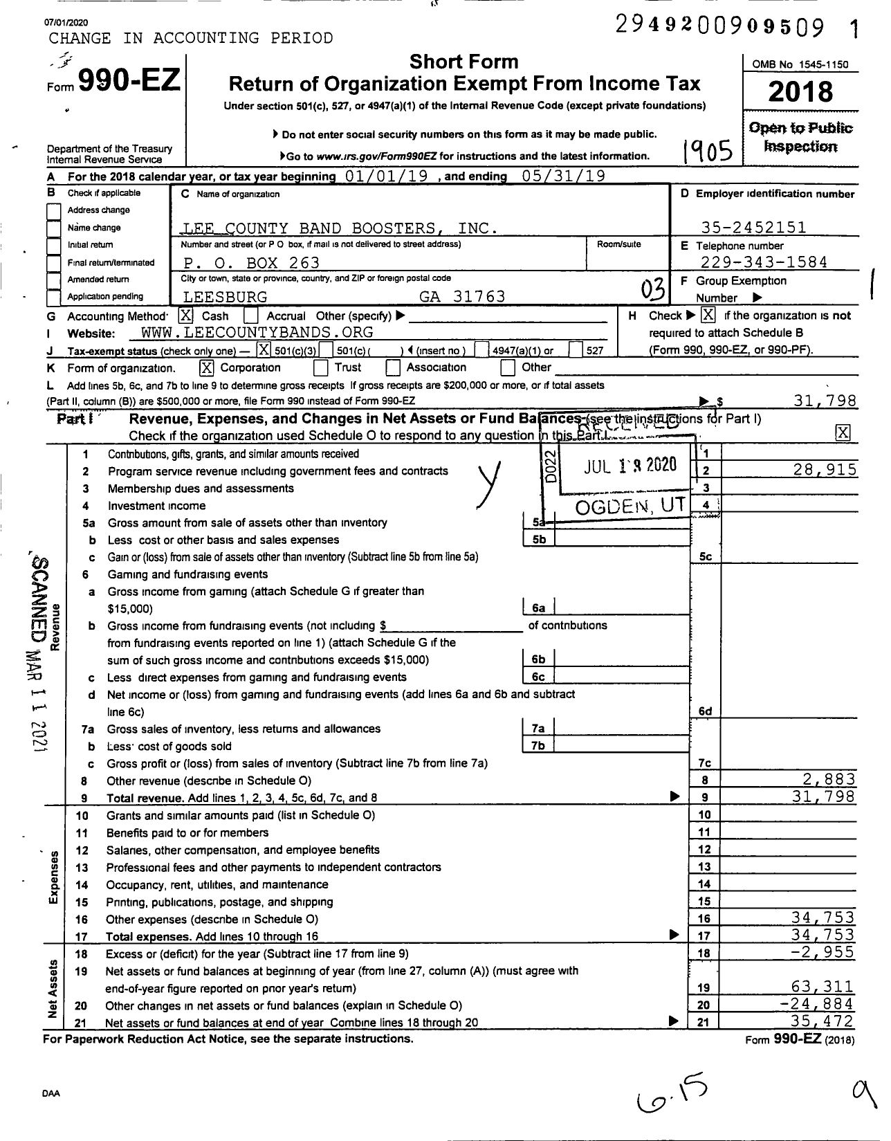 Image of first page of 2018 Form 990EZ for Lee County Band Boosters