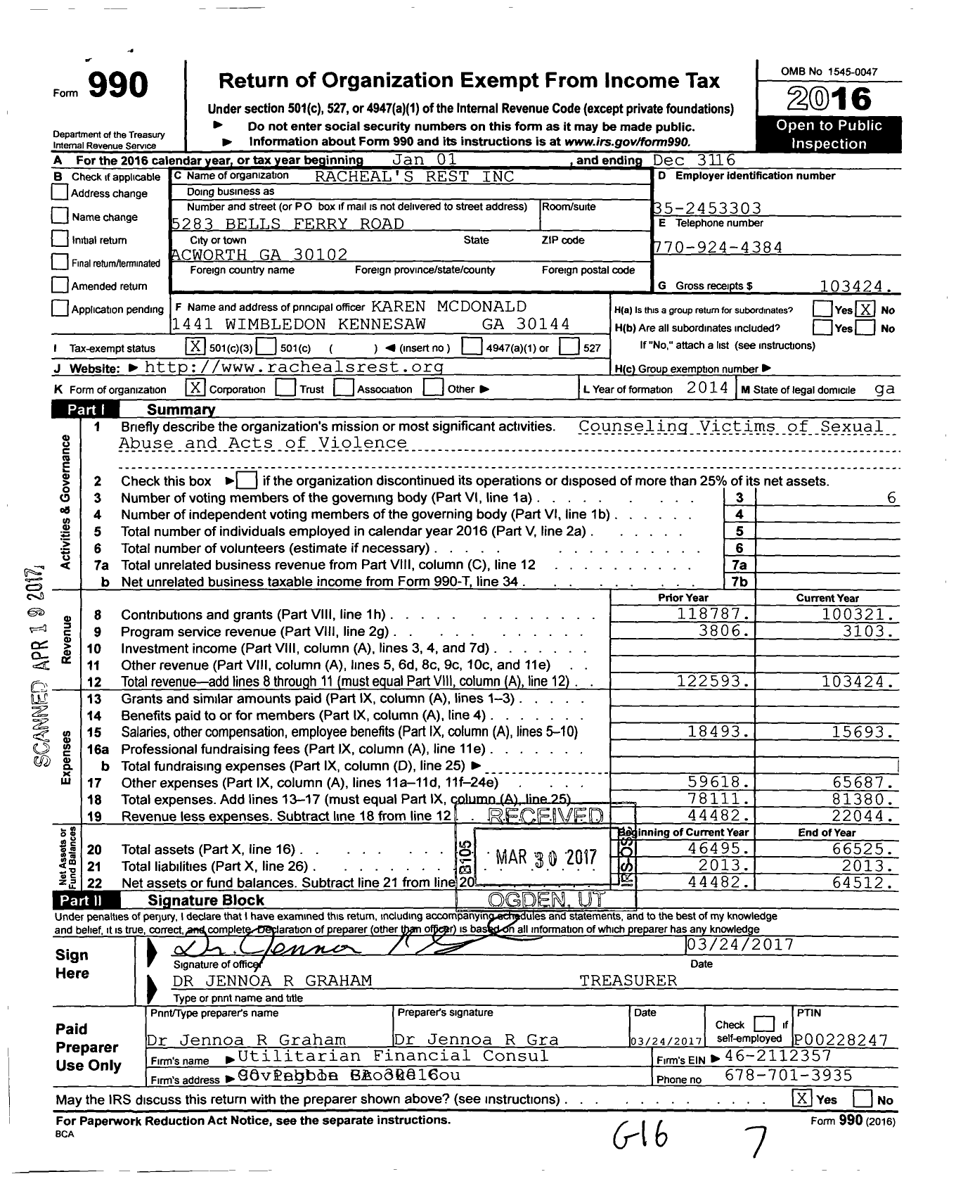 Image of first page of 2016 Form 990 for Racheal's Rest