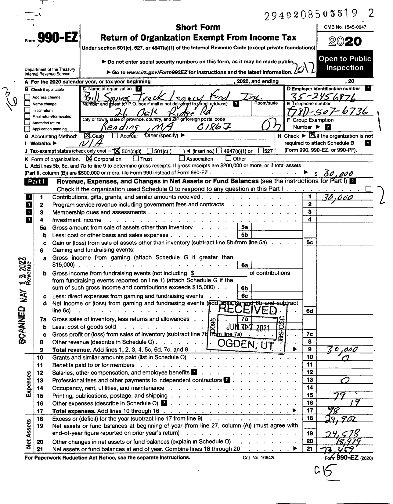 Image of first page of 2020 Form 990EZ for Bill Squires Track Legacy Fund