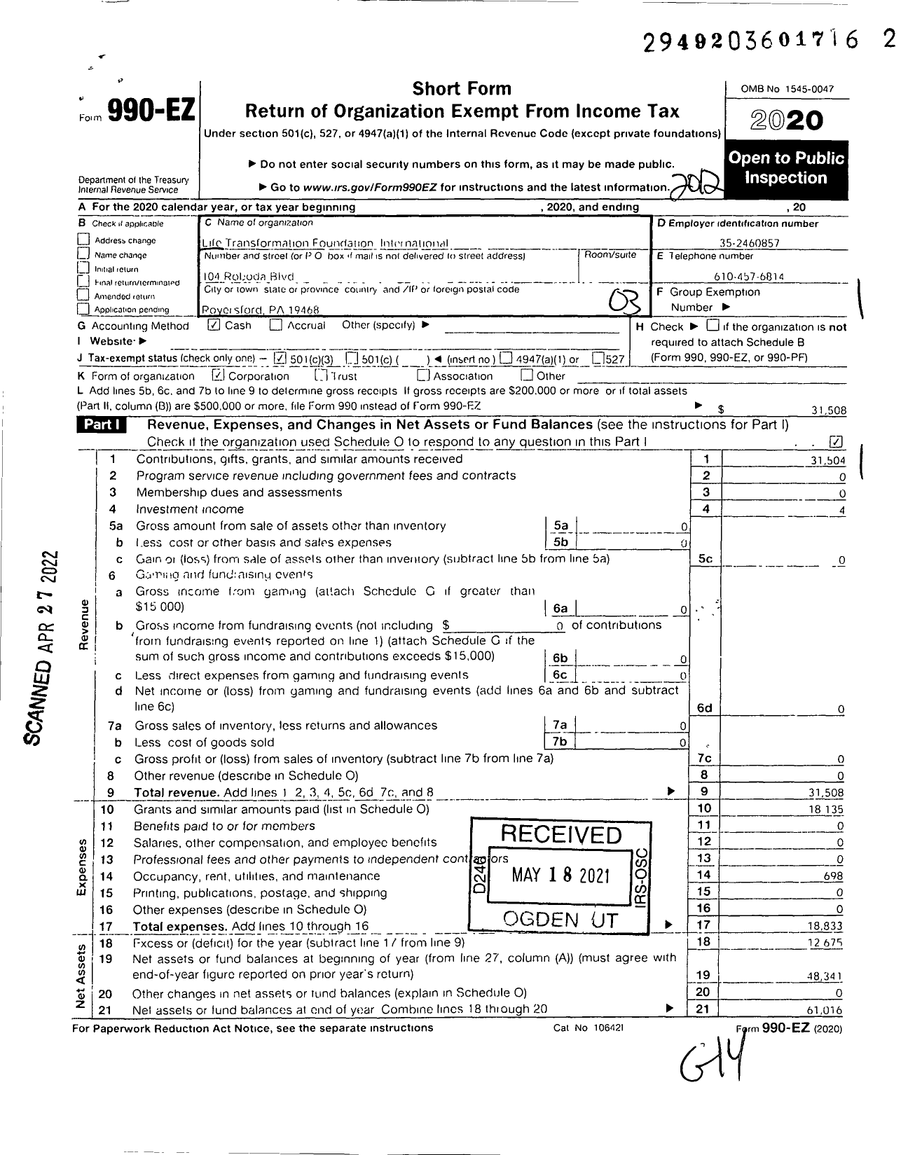 Image of first page of 2020 Form 990EZ for Life Transformation Foundation International