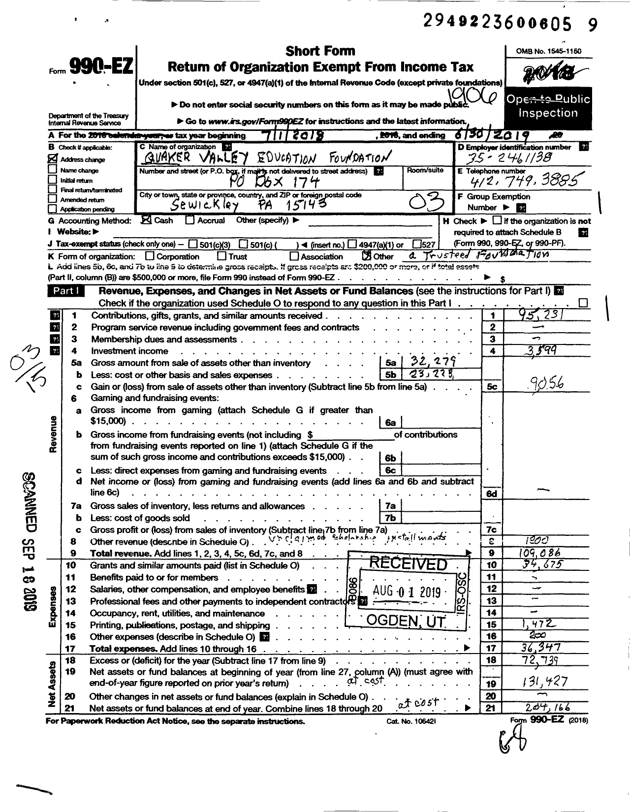 Image of first page of 2018 Form 990EZ for The Qvef