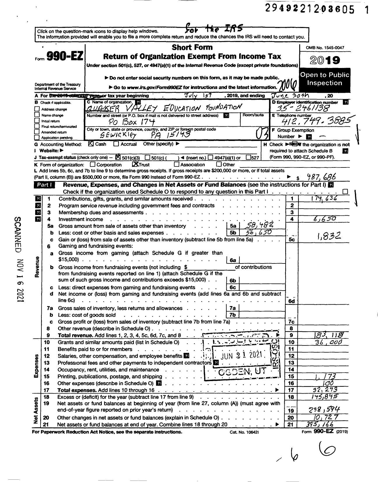 Image of first page of 2019 Form 990EZ for The Qvef