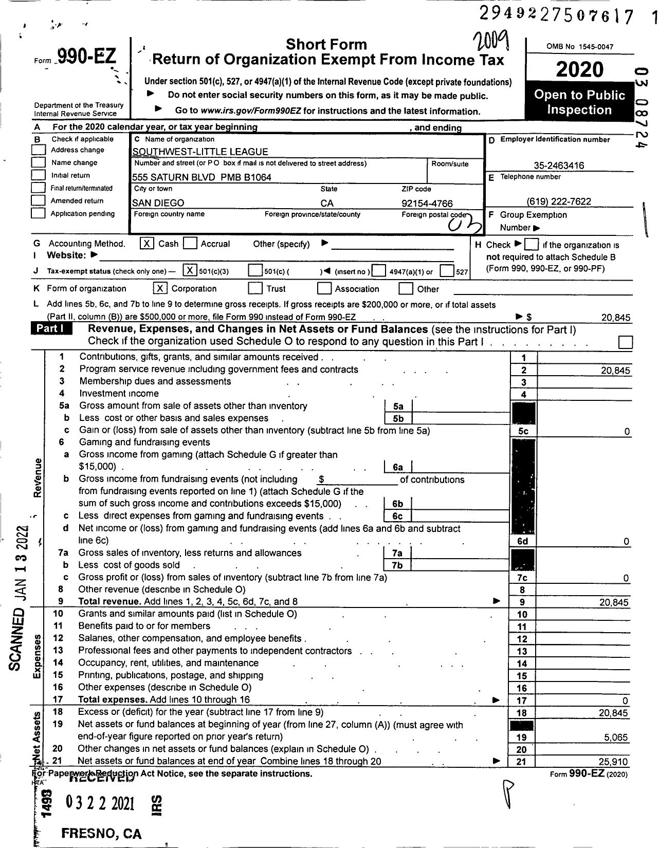 Image of first page of 2019 Form 990EZ for Southwest-Little League