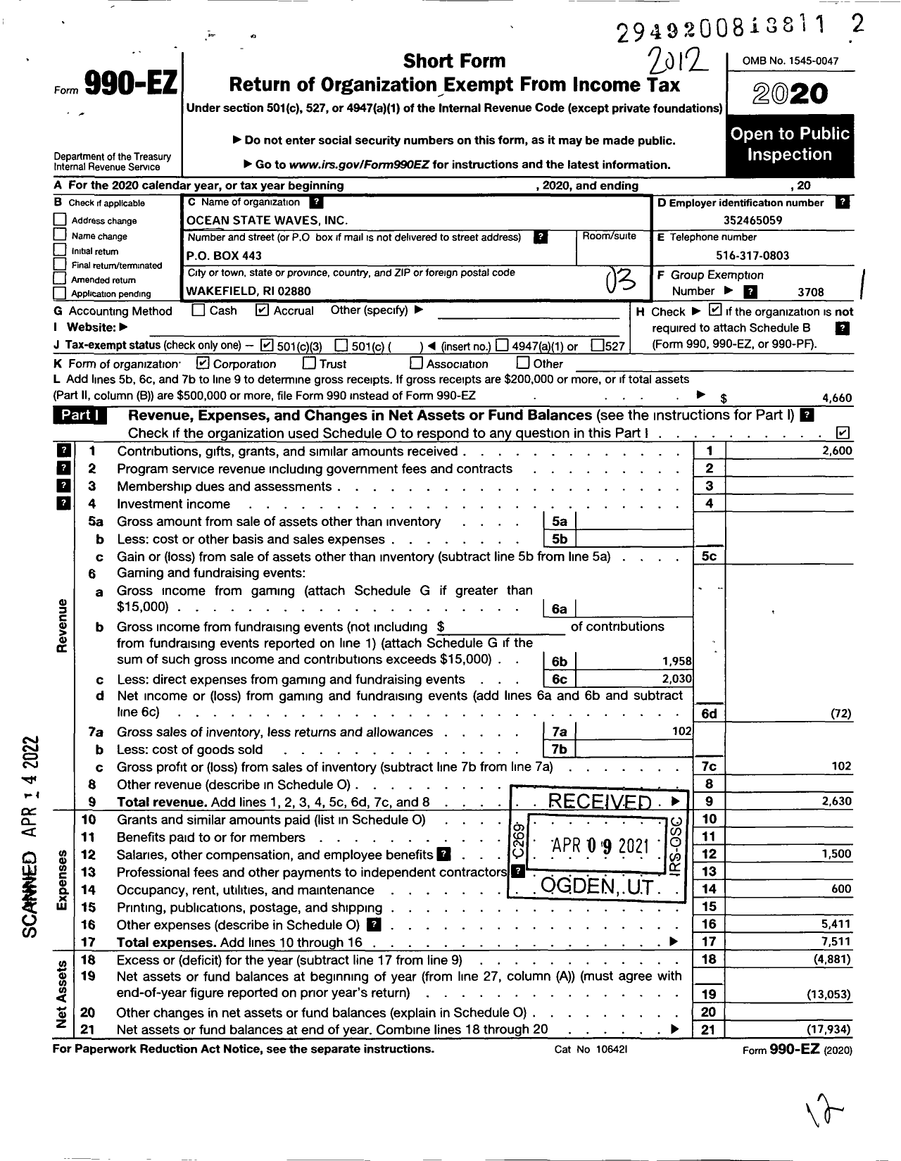 Image of first page of 2020 Form 990EZ for Ocean State Waves