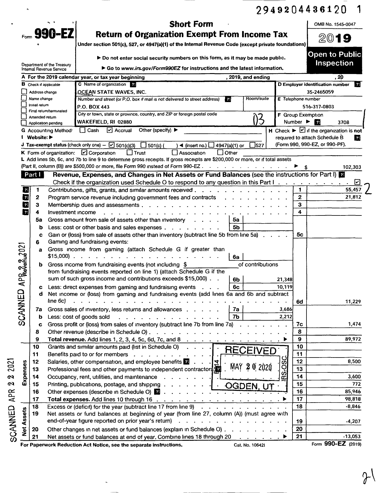 Image of first page of 2019 Form 990EZ for Ocean State Waves