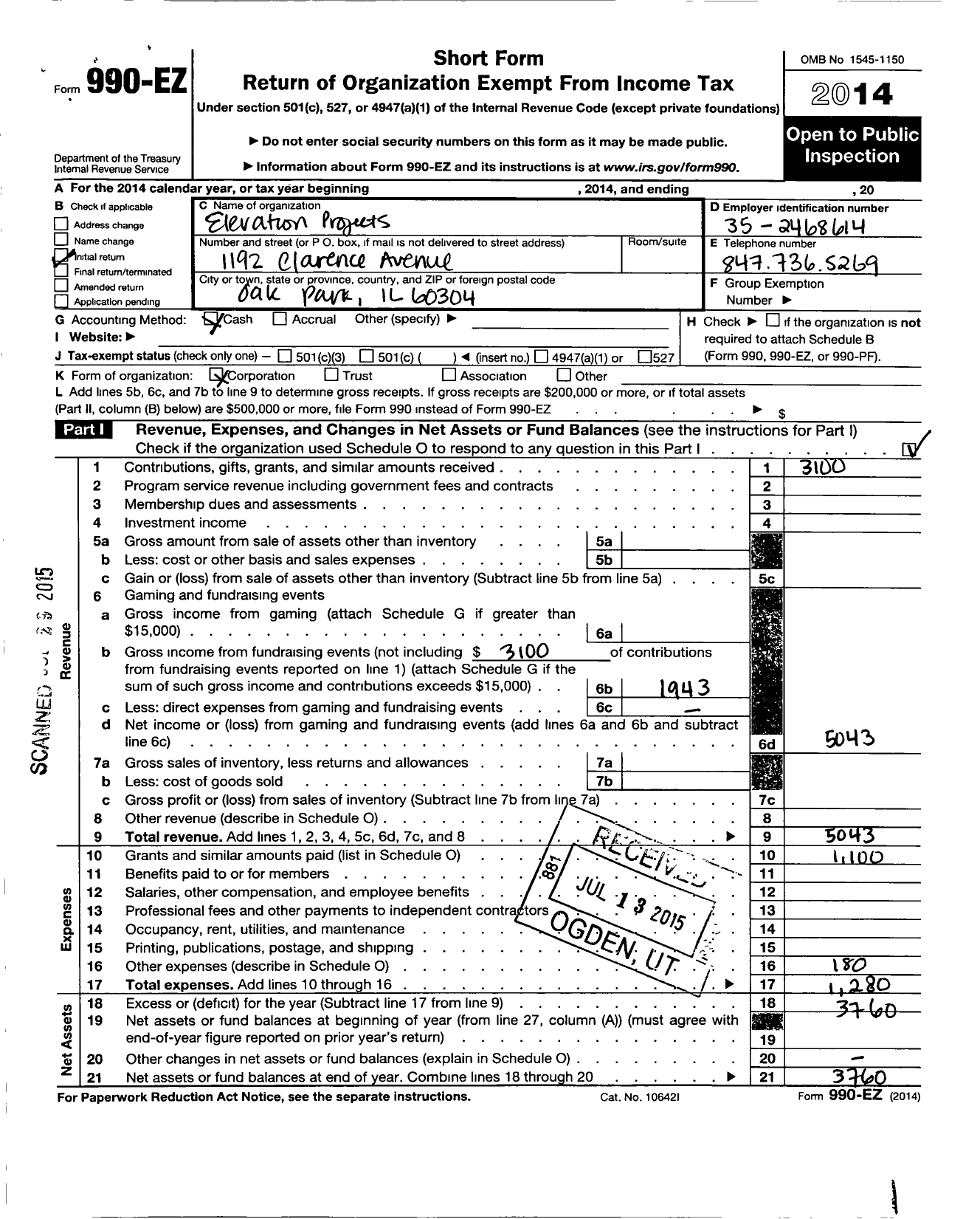 Image of first page of 2014 Form 990EO for Elevation Projects