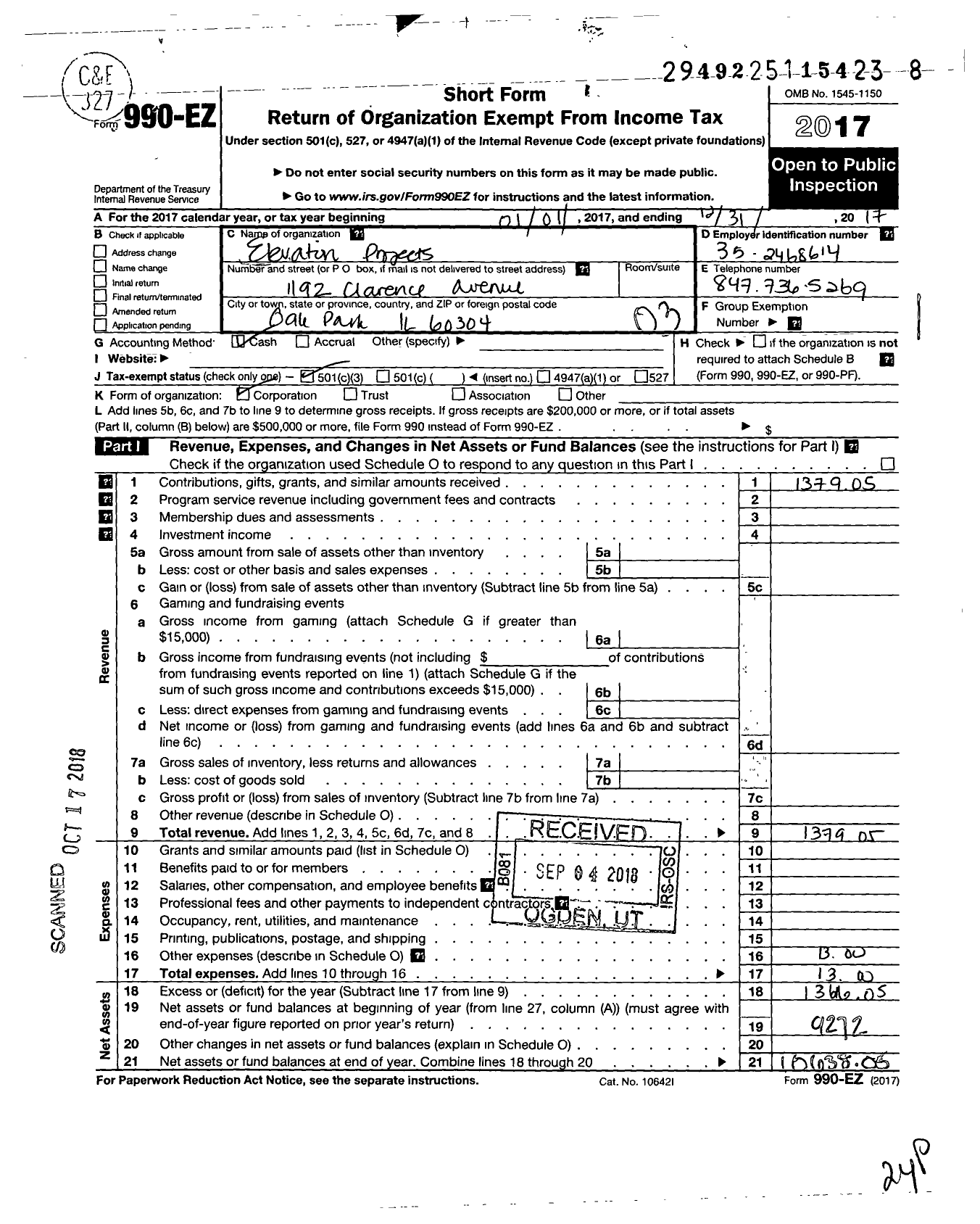 Image of first page of 2017 Form 990EZ for Elevation Projects